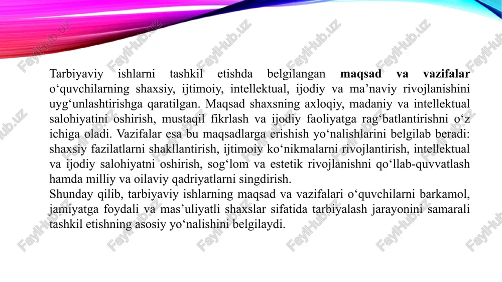 drlash, ota-ona bilan hamkorlikni kuchaytirish. tarbiya maqsadi va mazmuni metodlarni to'g'ri tanlashga imkon beradi. maqsad qanday bo'lsa, unga erishish metedlari unga muvofiq bo'lishi zarur. tarbiyaning mazmunini shaxsning shakllanishiga qo'yiluvchi, ijtimoiy talablar mohiyatidan iborat. unutmaslik kerakki,aynan bitta vazifa turli xil fikrlar bilan to'ldirilgan bolishi mumkin. shuning uchun metodlarni umuman mazmun bilan emas balki aniq fikr bilan bog'lash g'oyat muhimdir. tarbiyalanuvchilarning yosh xususiyatlari. tarbiya jarayonida tarbiyalanuvchilorning yosh xususiyatlarini inobataga olish maqsadga muvofiqdir. yosh xususiyatlari muayyan bir yosh davriga xos bo'lgan anatomik, fiziologik va psixolegik xususiyatlaridir taribiyaning maqsadi umumiy vazifalari, tor manodagi tarbiya, keng ma'nodagi tarbiya, tarbiya tamoyillari tarbiya usullari, tarbiya vositalari. tarbiya pedagogikadagi asosiy tushunchalardan biri hisoblanadi. jamiyat va pedagogikaning tarixiy rivoji davomida ushbu kategoriyani tushuntirishga turlicha yondashuvlar yuzaga keldi. eng avvalo, keng va tor ma'nodagi tarbiya farqlanadi. keng ma'noda tarbiya: shaxsga jamiyatning tasir etishi, ijtimoiy hodisa sifatida qaraladi. tor ma'nodagi tarbiya, pedagogik jarayon sharoitida ta'lim maqsadini amalga oshirish uchun pedagog va …
