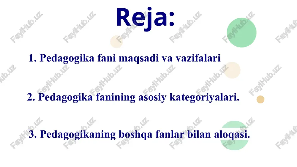 timoiy munosabatlar mazmuni, davlat va jamiyat rivojlanish strategiyasi, uning hayotida yetakchi o‘rin tutuvchi g‘oyalar mohiyati muhim ahamiyatga ega. o‘zbekiston respublikasida demokratik, insonparvar hamda huquqiy jamiyatni barpo etish sharoitida mazkur fan yuksak ma’naviy va axloqiy talablarga javob beruvchi yuqori malakali kadrlarni tarbiyalash tizimini ishlab chiqish, ilg‘ot xorijiy tajribalar asosida ta’lim va tarbiya nazariyasini rivojlantirish vazifasini hal etadi. 7 pedagogika fanining asosiy kategoriyalari. bizga yaxshi ma’lumki, har bir fan o‘zining tayanch tushunchalari, qonuniyatlari, tamoyillari, qoidalari tizimiga ega. aynan mana shu holat uning fan sifatida e’tirof etilishini kafolatlaydi. fanning mohiyatini ochib beruvchi eng muhim, asosiy tushuncha kategoriya deb ataladi. 8 pedagogika fanining asosiy kategoriyalari shaxs kamolotini ta’minlash, ta’lim va tarbiya samaradorligiga erishishga qaratilgan jarayonlarning umumiy mohiyatini yoritadi. eng muhim katego- riyalar sirasiga quyidagilar kiradi: shaxs, tarbiya, ta’lim (o‘qitish, o‘qish), bilim, ko‘nikma, malaka, kompetensiya, ma’lumot, shakllantirish, rivojlantirish. 9 pedagogikaning boshqa fanlar bilan aloqasi. ijtimoiy tarbiya mohiyatini ilmiy jihatdan asoslash ma’lum pedagogik hodisaning muayyan vaziyatlarda …