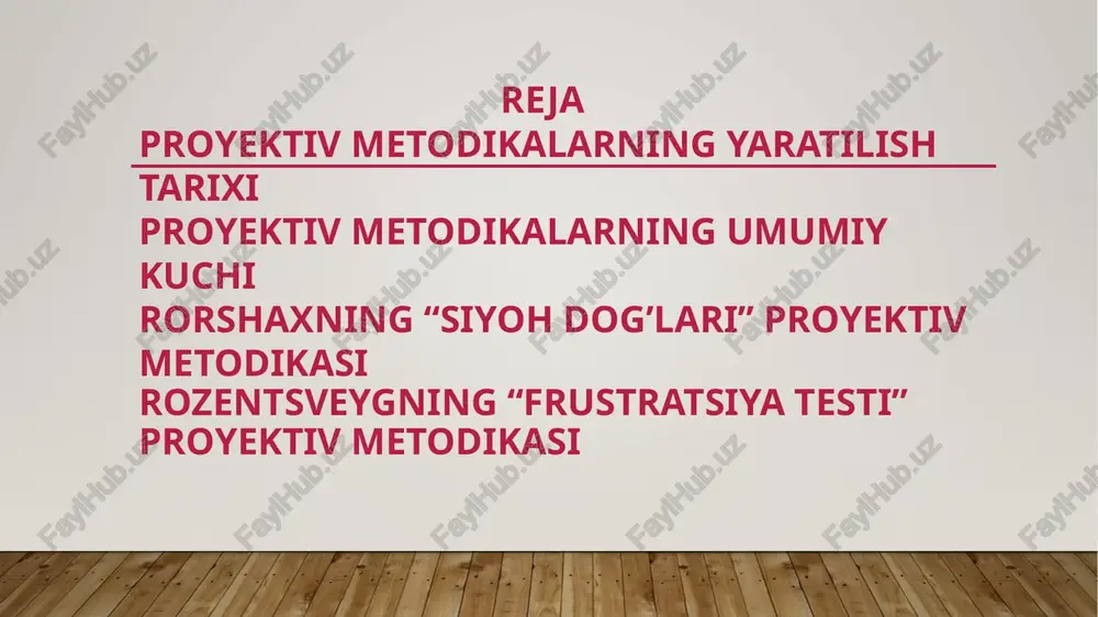 oli ekanligiga qaramay ob’yektiv xarakterga ega va sub’ekt tomonidan yaratilgan obraz yoki yuzaga kelgan vaziyatga kiritiladigan muayyan xususiyatlarga ega. proyektiv metodikalar tarixi 1904-1905 yillarda k.yung tomonidan yaratilgan so’zli assotsiatsiyalar testiga borib taqaladi. bu metodikani yaratish bilan k.yung shaxsning ongsizlik holatidagi kechinmalarini assotsiativ diagnostika qilish mumkinligini ko’rsatib berdi. g.rorshaxning taxminiga ko’ra, siyoh dog’lari, ya’ni ko’rishga yo’naltirilgan siyoh dog’lari motor (harakat) fantaziyalarini jonlantiradi. g.rorshaxdan avval siyoh dog’lari bilan boshqa psixologlar, asosan rossiyada f.e.ribakov; frantsiyada a.bine va v.anri eksperimentlar o’tkazishgan. biroq rorshax birinchi bo’lib fantaziya obrazlarining shaxs asosiy sifat va xislatlari bilan aloqasini isbotlab berdi. rorshax g’oya va tadqiqotlari hozirgi kunda 2 yirik yo’nalishda – amerika (beck, klopfer, davidson, rapoport) va evropa (bohm, doosli-listeri) yo’nalishlarida namoyon bo’ladi. e’tiboringiz uchun raxmat. image2.jpeg image3.jpeg image4.jpeg image5.jpeg image1.jpg /docprops/thumbnail.jpeg