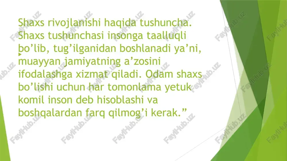 bola shaxsining rivojlanishi inson ijtimoiy mavjudotdir, degan falsafiy ta’limotga asoslanadi. ayni vaqtda inson tirik, biologik mavjudot hamdir. demak, uning rivojlanishida tabiat rivojlanishining qonuniyatlari ham muhim ahamiyatga ega. shuningdek, shaxs bir butun mavjudot sifatida baholanar ekan, uning rivojlanishiga biologic va ijtimoiy qonuniyatlar birgalikda ta’sir etadi, ularni bir-biridan ajratib bo’lmaydi. fanda biologik yo’nalish deb nomlangan nuqtai nazar yetakchi o’rinlardan birini egallab, uning vakillari aristotel, platonlar tabiiy-biologik omillarni yuqori qo’yadi. ular tug’ma imkoniyatlar, taqdir, tole har kimning hayotdagi o’rnini belgilab bergan, deydilar. xvi asr falsafasida vujudga kelgan preformizm oqimi namoyandalari esa shaxs rivojlanishidagi naslning roliga katta baho berib, ijtimoiy muhit va tarbiyaning rolini inkor etadi. etiboringiz uchun . raxmat image1.jpeg image2.jpeg image3.jpeg /docprops/thumbnail.jpeg