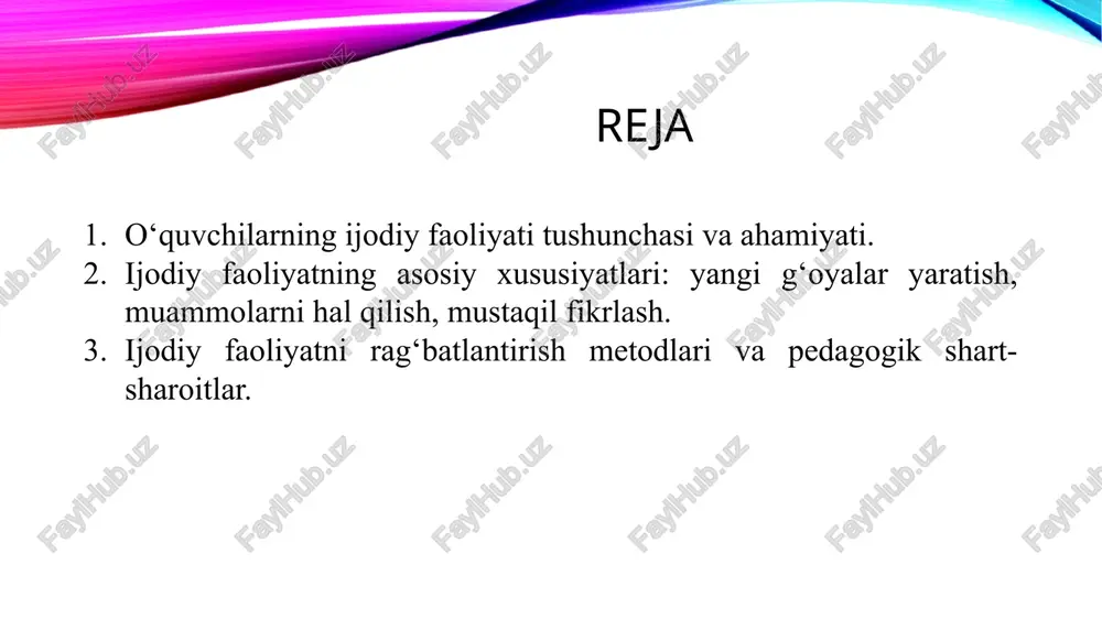 abalar va o‘qituvchilarning kasbiy o‘sishlariga yordam beradi. olib boriladigan amaliy harakatlar talabalarda yutuqlarga erishish, olg‘a intilishga bo‘lgan ehtiyojni muayyan darajada yuzaga keltiradi, ularning o‘quv-bilish qobiliyatlarini shakillanishiga, rivojlantirishga yordam beradi. mazkur holatni bevosita kuzatib, chuqur tahlil qilgan o‘zbekiston respublikasi prezidenti sh. m. mirziyoyev 2019-yil 23-avgustda xalq ta’limi, oliy ta’lim xodimlari bilan bo‘lgan muloqotda uzluksiz ta’lim tizimida olib borilishi talab etiladigan dolzarb vazifalar haqida fikr yuritib, “... bugungi kunda ta’lim muassasalarida faoliyat olib borayotgan o‘qituvchilarning obro‘sini ko‘tarish, shu bilan bir qatorda, bugun o‘qituvchilarning o‘zlari ham ta’lim-tarbiya jarayoniga yangicha ijodiy yondashishi lozim” - degan bir qator fikrlarni bildirib o‘tdi. shunday ekan, mustaqil fikrlovchi, kreativ shaxsni tarbiyalashni tafakkurni shakllantiruvchi ustaxona-maktab, ya’ni o‘quvchilik davridan ko‘rib chiqaylik. psixologik olim engelmeyer o‘quvchi yoshlarda ijodkorlikni, kreativlikni shakllantirish uchun ijodiy faoliyatni birinchi o‘ringa qo‘yadi. uning fikricha xohish va qiziqish jarayonlarini rivojlantirish ijodiy faoliyatning asosi bo‘lib xizmat qiladi. buning uchun esa dars jarayonlarini yuqori ilmiy – pedagogik darajada tashkil etish …