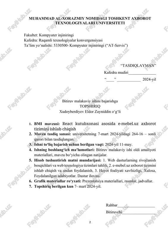 bajarish grafigi t.r. bmi boʻlimlarining nomi bajarish muddati rahbar (maslahatchi) belgisi 1. kirish 09.03.2024 2. web dasturlarning rivojlanish bosqichlari va web texnologiya tizimlari tahlili 25.03.2024 3. e-mebel.uz axborot tizimini ishlab chiqish va undan foydalanish 15.04.2024 4. hayot faoliyati xavfsizligi 01.05.2024 5. xulosa 05.05.2024 6. foydalanilgan adabiyotlar 10.05.2024 bitiruvchi _______________ “____” _________ 2024-yil. rahbar _______________ “____” _________ 2024-yil. 2 mundarija kirish 6 i bob. web dasturlarning rivojlanish bosqichlari va web texnologiya tizimlari tahlili 10 1.1 web texnologiya va dasturlarining rivojlanish bosqichlari va hozirgi kundagi o‘rni 10 1.2 mebel chakana savdosida axborot-kommunikatsiya texnologiyalaridan foydalanishning o‘ziga xosligi 21 1.3. mebel savdosi bilan shug‘ullanadigan internet do‘konlar 29 1.4. masalaning qo‘yilishi 34 i bob bo‘yicha xulosa 35 ii bob. e-mebel.uz axborot tizimini ishlab chiqish va undan foydalanish 36 2.1 e-mebel.uz tizimini tashkil qilish va ishlab chiqishda tanlab olingan web texnologiyalar tahlili 36 2.2 e.mebel.uz axborot tizimining ma’lumotlar bazasini ishlab chiqish 50 2.3 e.mebel.uz axborot tizimining …