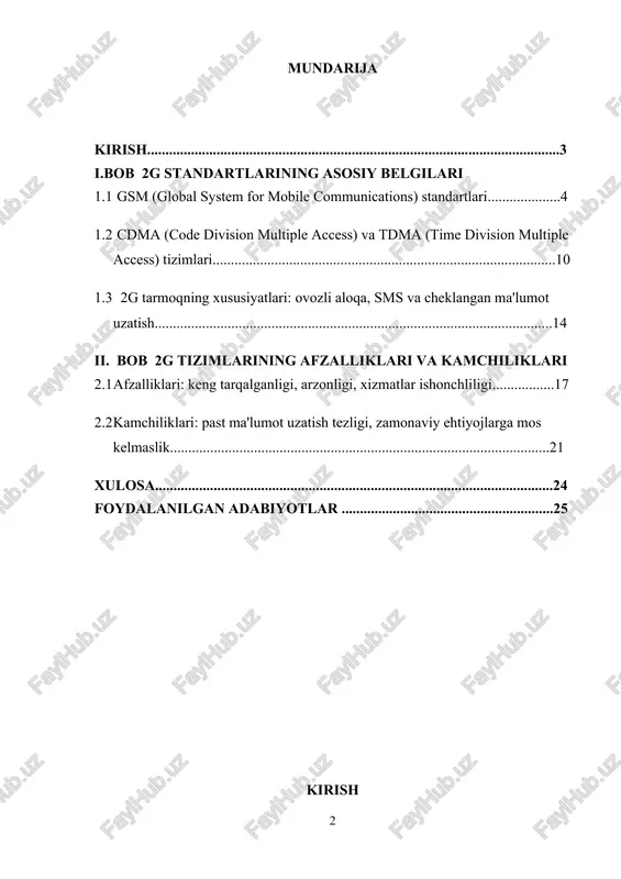 sifati va xavfsizlikni yaxshiladi. ushbu texnologiya, shuningdek, mobil internetning dastlabki bosqichlarini yaratishda asos bo‘ldi. 2g standartlari mobil aloqaning global miqyosda rivojlanishiga, yangi xizmatlar va imkoniyatlarning paydo bo‘lishiga sabab bo‘ldi. bugungi kunda 2g tarmoqlari hali ham bir qator rivojlanayotgan mamlakatlarda faol ishlatilmoqda, ammo ularning o‘rni o‘zgarib bormoqda, chunki 3g, 4g va 5g texnologiyalarining jadal rivojlanishi bilan ular asta-sekin o‘z eski ahamiyatini yo‘qotmoqda. shu bilan birga, 2g tarmoqlari hali ham ko‘plab foydalanuvchilar uchun zarur bo‘lib qolmoqda va ularning mavjudligi, ayniqsa, arzon va past tezlikdagi ma'lumot uzatishni talab qiladigan joylarda ahamiyatga ega. ushbu refaratda 2g texnologiyasining rivojlanishi, asosiy standartlari va ularning mobil aloqa sohasidagi o‘rni ko‘rib chiqiladi. shuningdek, 2g tizimlarining afzalliklari va kamchiliklari, ularning hozirgi va kelajakdagi o‘rni haqida ham ma'lumot beriladi. i.bob 2g standartlarining asosiy belgilari 1.1 . gsm (global system for mobile communications) standartlari 2g (ikkinchi avlod) mobil aloqa texnologiyasi, global mobil telefoniyadagi inqilobni amalga oshirgan va xalqaro aloqani raqamli asosda …
