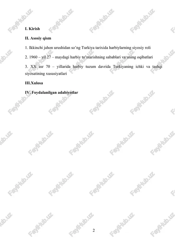 diy hayotini birgalikda kechirganlar. mazkur xalqlar bir necha marotaba bizning xalqimiz bilan yagona davlat birligida ham hayot kechirgan, ya’ni o`zbekiston va turkiya davlati tarixi bir-biri bilan o`zaro chambarchas bog`liq desak mubolag`a bo`lmaydi. “o`zbekiston boshqa musulmon davlatlar bilan ham o`zaro munosabatlarni–shu jumladan ko`p tomonlama asosda chuqurlashtirishga intilmoqda”. shuning uchun ham qardosh xalqlar xususan, turkiya davlati bilan yaxshi qardoshlik munosabatlarini saqlab, ular bilan o`zaro manfaatli iqtisodiy–siyosiy aloqalarni rivojlantirish uchun ham bu davlat tarixini to`laqonli o`rganish bugungi kunda dolzarb masala hisoblanadi. shu nuqtai nazardan jahon tamaddunining bir qismi bo’lgan turkiyaning 1960 va 1970 yillardagi siyosiy va ijtimoiy manzarasini tahlil etish dolzarblik kasb etadi.turkiyaning geostrategik joylashuvi, shuningdek etnomadaniy xususiyatari, uning xalqaro munosabatlaridagi mavqe’yi bilan birga, davlat boshqaruvida muhim ahamiyatga ega bo’lgan harbiylar faoliyatiga ta’sir etgan. turkiyada g’arb va sharq madaniyatlari to’qnashganini, sivilizatsiyalar muloqotining o’ziga xos samaralarini ko’rishimiz mumkin. bu esa, davlat va jamiyat boshqaruvida ham o’z ifodasini topgan. demak turkiyaning 1960 – 1970 - …