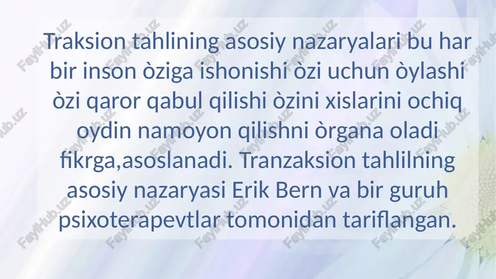 an ijtimoiy faollik yuzasidan o‘tkazilgan kuzatuvlar shuni ko‘rsatadiki(maxsus tanlangan psixoterapevtik guruhlarda eng samarali) odamlar vaqti vaqti bilan o‘zlarining harakatlanishi nuqtai nazari ovozi lugpatlari va xulq atvorining boshqa jihatlarini sezilarli darajada o‘zgartirib turishadi. e'tiboringiz uchun raxmat. image2.jpeg image1.jpeg