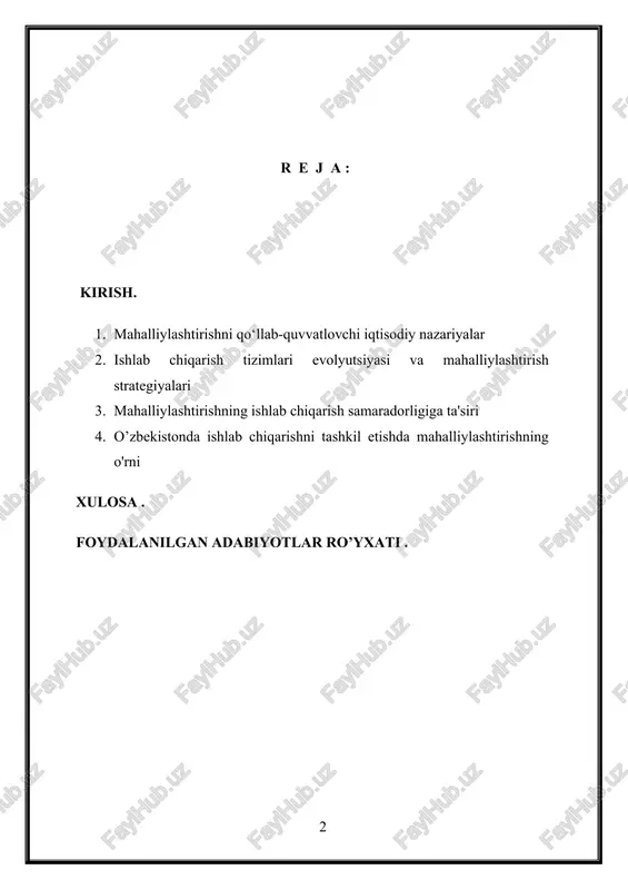 n ishlab chiqarish jarayoni tashkil etilgan. kurs ishi mavzusining dolzarbligi. global iqtisodiy dinamika : bugungi o'zaro bog'liq global iqtisodiyotda kompaniyalar doimiy ravishda ishlab chiqarish jarayonlarini optimallashtirish yo'llarini izlaydilar. mahalliylashtirish turli hududlardagi bozor talablariga, tartibga solish muhitiga va iste'molchilarning xohishlariga moslashishda hal qiluvchi rol o'ynaydi. ta'minot zanjirining mustahkamligi : covid-19 pandemiyasi kabi so'nggi uzilishlar global ta'minot zanjirlarining zaif tomonlarini ta'kidladi. mahalliylashtirish uzoq etkazib beruvchilarga qaramlikni kamaytirish va transport kechikishlari, geosiyosiy keskinliklar yoki tabiiy ofatlar bilan bog'liq xavflarni yumshatish orqali ta'minot zanjirining mustahkamligini oshirishi mumkin. xarajatlarning samaradorligi : mahalliylashtirish strategiyalari transport xarajatlarini kamaytirish, inventarlarni tashish xarajatlarini kamaytirish va asosiy etkazib beruvchilar yoki iste'mol bozorlariga yaqinlik orqali erishilgan miqyosni tejashga olib kelishi mumkin. mahalliylashtirishning xarajat samaradorligiga qanday ta'sir qilishini tushunish raqobatbardoshlikni saqlashni maqsad qilgan korxonalar uchun juda muhimdir. sifatni nazorat qilish va moslashtirish : mahalliylashtirish kompaniyalarga mahsulot va xizmatlarini muayyan mintaqaviy imtiyozlar va tartibga solish standartlariga moslashtirish imkonini beradi. bozorga yaqinroq ishlab chiqarish …