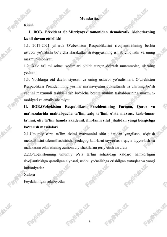 ti shavkat mirziyoyev mamlakatimizda islom karimov davrida boshlangan islohotlarni qat’iy davom ettirishga kirishdi. 2016 yil 8 sentabrda o‘zbekiston respublikasi oliy majlisi qonunchilik palatasi va senatining qo‘shma majlisida “milliy taraqqiyot yo‘limizni qat’iyat bilan davom ettirib, yangi bosqichga ko‘taramiz” mavzusidagi nutqida bu haqida atroflicha to‘xtalib o‘tdilar va 6 ta ustuvor vazifalarni belgilab berdilar: · makroiqtisodiy barqarorlikni yanada mustahkamlash va keyingi yillardagi iqtisodiy o‘sish suratlarni saqlab qolish, milliy valyutamiz barqarorligini ta’minlash, bank tizimini mustahkamlash, byudjet barqarorligini ta’minlash hamda chetdan qarz olish bo‘yicha konservativ yondashuv siyosatini davom ettirish , davlatning tashqi qarzi haddan ziyod oshib ketishga yo‘l qo‘ymaslik; · nodir va qimmatbaho metallarni chuqur qayta ishlash, oziq – ovqat va kimyo sanoatini rivojlantirish bo‘yicha qabul qilingan dasturlarni amalga oshirish ; · tashqi bozorda raqobat va beqarorlik kuchayib borayotgan sharoitda iqtisodiyotning real tarmoqlari bilan bir qatorda mamlakatimiz hududlarida ham raqobatdosh maxsulotlar ishlab chiqarishni ko‘paytirish va eksport salohiyatini oshirish ; · xususiy tadbirkorlik va kichik biznes …