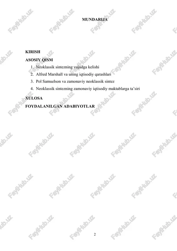 tamal toshlaridan biri hisoblanadi. neoklassik sintez nafaqat iqtisodiy nazariyalarda, balki amaliy iqtisodiy siyosatda ham muhim rol o‘ynaydi. zamonaviy bozor iqtisodiyotiga asoslangan davlatlar ushbu yondashuv asosida iqtisodiyotni tartibga solib, samarali bozor mexanizmlaridan foydalanadi. ayniqsa, iqtisodiy o‘sish, inflyatsiya va ishsizlik kabi muhim makroiqtisodiy ko‘rsatkichlarni boshqarishda neoklassik sintezning elementlari hal qiluvchi ahamiyat kasb etadi. ushbu mustaqil ishda neoklassik sintezning shakllanish bosqichlari, alfred marshall va pol samuelsonning iqtisodiy ta’limotga qo‘shgan hissalari batafsil tahlil qilinadi. shu bilan birga, ushbu yondashuvning zamonaviy iqtisodiyotdagi ahamiyati va istiqbollari ham o‘rganiladi. 1. neoklassik sintezning vujudga kelishi neoklassik sintez iqtisodiy tafakkur rivojlanishida muhim bosqichlardan biri bo‘lib, u klassik iqtisodiy nazariya va keynschilik yondashuvining asosiy elementlarini uyg‘unlashtirish natijasida shakllangan. ushbu sintez xx asrning o‘rtalarida rivojlangan bo‘lib, iqtisodiyot fanida barqaror bozor tamoyillari bilan birga davlatning iqtisodiyotga aralashuvining zarurligini ham e’tirof etgan. neoklassik sintezning paydo bo‘lishiga sabablar neoklassik sintez vujudga kelishining asosiy omillari quyidagilardan iborat: · klassik iqtisodiyot va uning cheklovlari · klassik …
