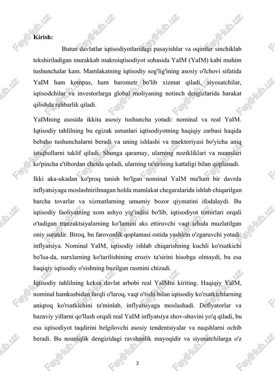 yaim, nominal hamkasbidan farqli o'laroq, vaqt o'tishi bilan iqtisodiy ko'rsatkichlarning aniqroq ko'rsatkichini ta'minlab, inflyatsiyaga moslashadi. deflyatorlar va bazaviy yillarni qo'llash orqali real yaim inflyatsiya shov-shuvini yo'q qiladi, bu esa iqtisodiyot taqdirini belgilovchi asosiy tendentsiyalar va naqshlarni ochib beradi. bu noaniqlik dengizidagi ravshanlik mayoqidir va siyosatchilarga o'z xalqlarini farovonlik sari yo'naltirish uchun zarur bo'lgan bashoratni taklif qiladi. ushbu kurs ishida biz nominal va real yaimning nozik tomonlarini o'rganib, kashfiyot safariga chiqamiz. biz ushbu makroiqtisodiy titanlarni qamrab olgan sirlarni ochishga, ularning kelib chiqishi, metodologiyasi va oqibatlarini o'rganishga intilamiz. qattiq tahlil va empirik ekspertiza orqali biz ularning iqtisodiy siyosatni shakllantirish, investitsiya qarorlarini qabul qilish va jamoatchilik muhokamasini xabardor qilishdagi rolini yoritishga harakat qilamiz. iqtisodiy nazariya va amaliyotning keng qamrovini aylanib o'tar ekanmiz, keling, tadqiqotimizning yanada kengroq oqibatlarini e'tibordan chetda qoldirmaylik. nominal va real yaimning nuanslarini tushunishda biz davlatlar salohiyatini ochish, o'sish, farovonlik va kelajak avlodlar uchun farovonlikni ta'minlash uchun kalitlarni ochamiz. keling, qiziquvchanlik, …
