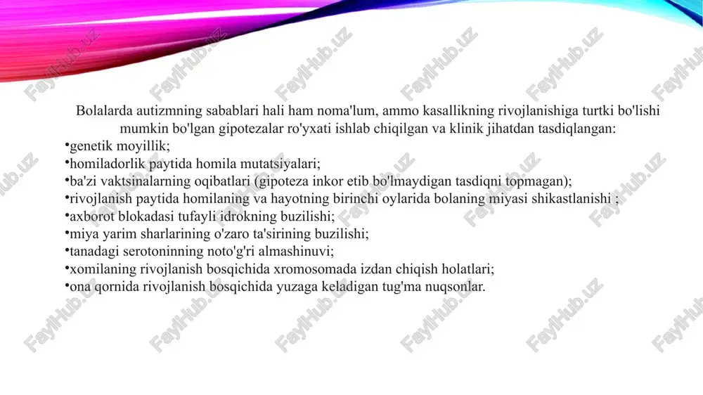 imoiy tartiblari va me'yorlarini e'tiborsiz qoldiradigan odamlar (chunki ularni idrok eta olmaydilar); to'rtinchisi - kundalik muammolarini hal qila olmaydigan kattalar. ularda boshqalarga nisbatan xafagarchilik hissi paydo bo'ladi; beshinchisi - yuqori darajadagi intellektga ega bo'lgan kattalar, ular ijtimoiylashishga muvaffaqiyatli urinishadi va jamiyatga moslashadilar. ular boshqalar bilan deyarli teng sharoitlarda o'zaro aloqada bo'lishlari, o'qish, kasblarni o'rganish va aqliy mehnat bilan bog'liq sohalarda ishlashlari mumkin. autizm belgilarini namoyon bo'lish darajasiga ko'ra guruhlarga ajratishdan tashqari, yana bir tasnif mavjud. rossiyada 1987 yilda autizmning barcha ko'rinishlarini paydo bo'lishi sababli 7 turga ajratadigan sxema ishlab chiqilgan: asperger sindromi; kannerning erta klassik infantil autizm sindromi; xromosoma aberratsiyasidan kelib chiqqan autizm; rett sindromi mavjudligidan kelib chiqqan autizm; shizofreniya tufayli kelib chiqqan endogen va xurujsimon autizm; kelib chiqishi noma'lum autizm. kattalardagi autizm belgilari kasallikning shakliga va uning kechishiga qarab farq qilishi mumkin. bunga xos alomatlar quyidagilar hisoblanadi: yuz ifodalarining kamligi va imo-ishoralarning yetarli emasligi; jamiyatda qabul qilingan aloqa qoidalarini …