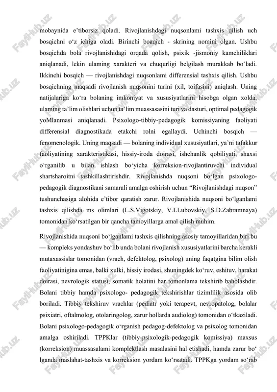 q tassavurlarida, harakat-tayanch apparatida, fonematik idrokida nuqsoni bo1 igan, hissiy-irodaviy buzilishli, nutqiy rivojlanishida kamchiliklarga ega, xulq buzilishlariga ega, psixik rivojlanishi orqada qolgan, somatik sust bolalar tashkil etadi. yaqqol ifodalangan psixik yoki jismoniy rivojlanishdagi nuqsonlar maktabgacha yoshda aniqlansa, engil nuqsonlar uzoq vaqt mobaynida e’tiborsiz qoladi. rivojlanishdagi nuqsonlami tashxis qilish uch bosqichni o‘z ichiga oladi. birinchi boaqich - skrining nomini olgan. ushbu bosqichda bola rivojlanishidagi orqada qolish, psixik -jismoniy kamchiliklari aniqlanadi, lekin ulaming xarakteri va chuqurligi belgilash murakkab bo‘ladi. ikkinchi bosqich — rivojlanishdagi nuqsonlami differensial tashxis qilish. ushbu bosqichning maqsadi rivojlanish nuqsonini turini (xil, toifasini) aniqlash. uning natijalariga ko‘ra bolaning imkoniyat va xususiyatlarini hisobga olgan xolda, ulaming ta’lim olishlari uchun ta’lim muassasasini turi va dasturi, optimal pedagogik yomlanmasi aniqlanadi. psixologo-tibbiy-pedagogik komissiyaning faoliyati differensial diagnostikada etakchi rolni egallaydi. uchinchi bosqich — fenomenologik. uning maqsadi — bolaning individual xususiyatlari, ya’ni tafakkur faoliyatining xarakteristikasi, hissiy-iroda doirasi, ishchanlik qobiliyati, shaxsi o‘rganilib u bilan ishlash bo‘yicha korreksion-rivojlantiruvchi …
