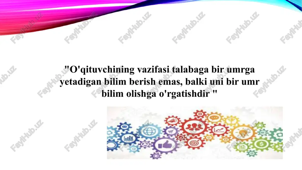 da sifatida qabul qilingan talabalardan kishilar o'zlariga odamlar orasidan namunalar tanlaydi. tamoyillar ta'lim jarayonining mohiyati, qoidalar esa uning alohida tomonlarida aks ettiradi. ta'limni mazmunli va tashkiliy metodik tamoyillardan tashkil topgan tizim sifatida e'tirof etish mumkin. ta'limning mazmunli tamoyillari. ular ta'lim mazmunini tanlash bilan bog'liq bo'lgan qonuniyatlarni aks ettiradi va qoidalarini ifodalaydi. fuqarolik, ilmiyligi, tarbiyalovchi ta'lim, fundamentalligi va amaliy yo'nalganligi (ta'limning hayot bilan, nazariyaning amaliyot bilan bog'liqliligi)dir. o'qituvchining pedagogik amaliyot davridagi kreativligini rivojlantirishning tarkibiy- funktsional modeli ajratib ko'rsatish imkonini beradi. bu tamoyillar quyidagilardan iborat deb atasak... muammoli tamoyil ijodiy yo'nalish tamoyili butunlik va izchillik tamoyili individuallashtirish tamoyili. muammoli tamoyilga nazar solsak , muammoli tamoyillardan foydalanish pedagogika faoliyatatlari uchun unchalik ham yangilik emas. kreativlikning mohiyati muammoli xarakterga ega bo'lib, u muammoning nostandart yechimini topishdan iborat. pedagogik amaliyotlarda bo'lajak o'qituvchilarning kreativligini muammoli tamoyiliga muvofiq rivojlantirish ijodiy muammoli vazifalarda namoyon bo'ladi ijodiy yo'nalish tamoyili nafaqat reproduktiv, balki ijodiy faoliyat ko'nikmalarini rivojlantirishni ham o'z ichiga …