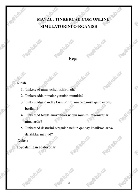 i qo'shish, o'zgartirish va ularga imkoniyatlar limitini belgilash orqali dizaynlarini yaxshilay oladilar. robototexnika yaratish: tinkercad, elektronik va robototexnika qurilmalarini birga ishlashga imkon beradi, bu esa robot qurilishini o'rganish va ulardagi texnik prinsiplarni tushunish uchun idealdir. platformada ko'rsatiladigan qisqa video darslar, qo'llanmalar va interaktiv darsliklar yordamida foydalanuvchilar, har qanday darajada tajribaga ega bo'lishlari va texnik ma'naviyatlarini oshirishlari mumkin. 1.tinkercad nima uchun ishlatiladi tinkercad, elektronika, robototexnika va 3d modellashtirish sohasida o'rganish, tajriba olish va innovatsiyalar yaratish uchun ishlatiladi. uning asosiy maqsadi o'qituvchilar, talabalar va hamma uchun elektronik qurilmalar, elektr texnikasi va 3d modellar yaratishda yordam berishdir. bu platforma quyidagi maqsadlar uchun foydalaniladi: · elektronik qurilmalar yaratish: tinkercad, elektronik loyihalarni amalga oshirish va ularda qo'shimcha funksiyalar qo'shish orqali elektronik qurilmalar yaratish uchun idealdir. foydalanuvchilar, elektronik modellar yaratish, ularga sensorlar, lampalar, motoryozuvlar va boshqa qurilmalar qo'shish orqali ularda elektronik mexanizmlarni o'rganib chiqishadi. · 3d modellashtirish: tinkercad 3d dizayn qilishning oson va intutiv usuli orqali …