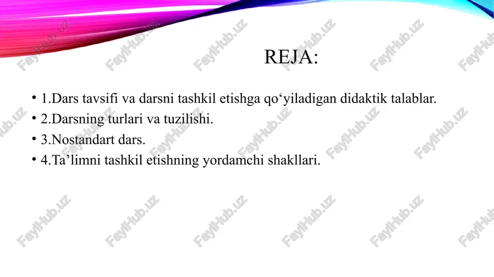 i to‘ldirish va chuqurlashtirishga o‘rgatish, mashg‘ulotning barcha bosqichlarida bilish faoliyati va faollikni shaxsiy va yosh xususiyatlarini hisobga olgan holda rivojlantirishi kerak bir soatlik darsga mo'ljallangan dastur materiallarining mazmunini bayon qilish uchun didaktik maqsad va talablarga muvofiq ravishda tashkil qilingan mashg'ulot turi dars turi deb yuritiladi. ta'lim tizimida eng ko'p qo'llaniladigan dars turlari quyidagilardan iborat: 1. yangi bilimlarni bayon qilish darsi. 3. takroriy - umumlashtiruvchi va kirish darslari. 4. o'quvchilarning bilim va malaka, ko'nikmalarini tekshirish va baholash darsi. 2. o'tilgan materiallarni mustahkamlash darsi. 5. aralash dars (yuqoridagi dars turlarining bir nechtasini birgalikda qo'llanilishi tushinilad)6. har bir dars turining ma'lum tuzilishi va xususiyatlari bor. bu narsalar esa, o'qituvchining o'quv materialini to'g'ri va samarali tushintirishga, mustahkam esda qoldirishga, takrorlashga va uning o'zlashtirilishini nazorat qilib borishga yordam beradi. ma'lum bir dars turi bilan olib boriladigan mashg'ulotlarda ikkinchi, hatto uchinchi bir dars turining elementlari bo'lishi mumkin. masalan, o'quv yurtlarimizda eng ko'p qo'llaniladigan dars turlaridan biri …
