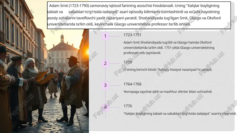 . ishlab chiqarish jarayoni ishlab chiqarish jarayonini operatsiyalarga bo'lish va har bir ishchining ixtisoslashuvi mahsulot hajmini oshiradi. salbiy tomonlari ishchilarning bir xil ishni bajarishi natijasida zerikish paydo bo'lishi mumkin. 5 smitning ijtimoiy-iqtisodiy nazariyalari pul va kapital boylikni ko'paytirish vositasi sifatida pul va kapital ahamiyati. iqtisodiy erkinlik iqtisodiy erkinlik prinsipi va uning ahamiyati. "ko'rinmas qo'l" bozor mexanizmining o'z-o'zini tartibga solish prinsipi. qiymat va baho qiymat va bahoning shakllanish mexanizmlari. sinflar va daromadlar 6 boylikni ko‘paytirish: mehnat taqsimoti, pul, kapital asarning boshida a.smit boylikni chinakam yaratuvchi bu “har bir xalqning yillik mehnati” deb ko‘rsatib o‘tadi. demak, boylikning manbai - mehnat. a.smit bu fikrni rivojlantirib, mehnat taqsimoti boylikni yaratishda asosiy omil hisoblanadi, degan xulosaga keladi. chunki mehnat taqsimoti asosida uning unumdorligi oshadi. ushbu nazariyadan milliy boylikning ko‘payishi jamiyatdagi ayrim sinflar faoliyati natijasi emas (merkantilistlarda – savdogarlar, fiziokratlarda - yer egalari), balki mehnat taqsimotida qatnashayotgan barcha kishilar faoliyatining natijasidir, degan xulosa kelib chiqadi adam …