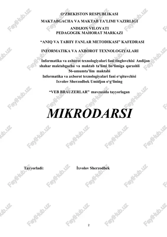 va jamoaviy ravishda ishlashga undaydi mundarija i. kirish 5 ii. asosiy qism 8 darslarning texnologik xaritasi 8 dars bosqichlarining mazmuni 9 veb-brauzerlar 11 iii. xulosa 15 iv. foydalanilgan adabiyotlar: 16 1. kirish “internetni yaratayotganda men uni erkin va ochiq qilishni xohladim — barcha uchun bilim manbai.” tim berners-lee tashkiliy qism · mavzuning dolzarbligi: · internet va web ilovalar hayotimizda markaziy o‘rin egallagan zamonda, veb brauzerlar foydalanuvchilar va veb resurslar o‘rtasidagi ko‘prik vazifasini bajaradi. brauzerlarning samaradorligi, xavfsizligi va texnologik imkoniyatlari internet tajribamiz sifatiga bevosita ta’sir qiladi. · maqsad va vazifalar: · maqsad: veb brauzerlarning tarixi, arxitekturasi, rivojlanishi va zamonaviy muammolarini o‘rganish. · vazifalar: brauzerlarning ichki tuzilishi, xavfsizlik muammolari, tezlik va resurs boshqaruvi, kelajak texnologiyalari tahlili. · darsning maqsadi: ta’limiy: o‘quvchilarga veb-brauzerlardan foydalanish haqida asosiy tushunchalarni berish. veb-brauzerlar turlari hamda ularning vazifalarini tushuntirish. veb-bruzerlarning internet tizimidan foydalanishdagi muhim ahamiyatga ega ekanligini o‘rgatish; tarbiyaviy: o‘quvchilarga veb-brauzerlardan foydalanishda ehtiyotkorlik bilan munosabatda bo‘lish ko‘nikmasini shakllantirish. …