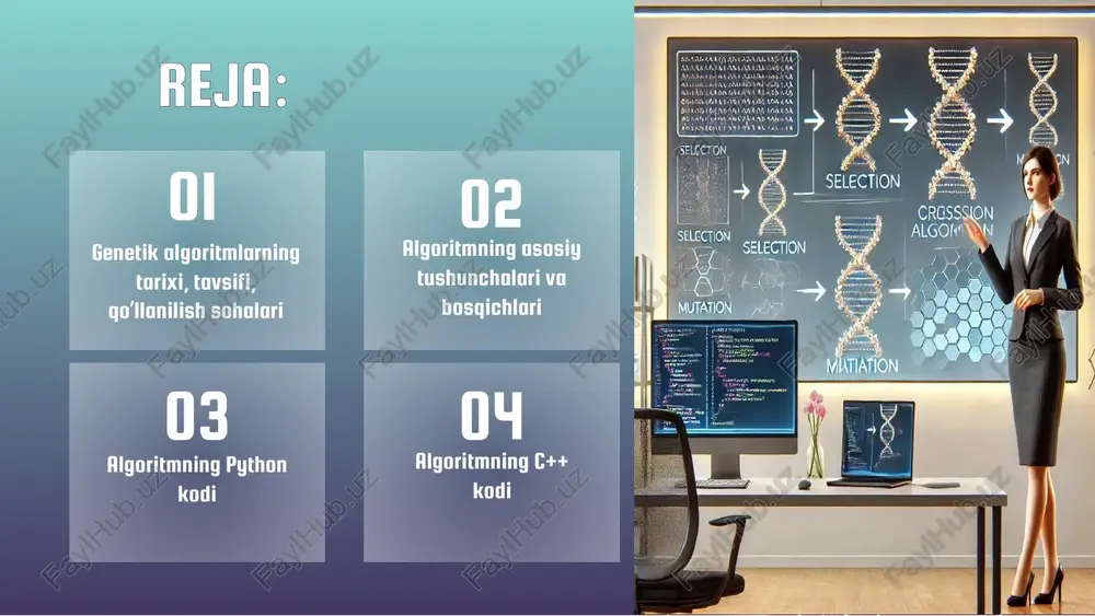 yaratish jarayonidir. bu jarayon dasturlarni yaratishda genetik algoritmlar kabi evolyutsion usullarni qo'llaydi. ushbu yondashuv dastur kodlarini, ularning strukturasini va parametrlarini optimallashtirishga imkon beradi. evolyutsion dasturlash, sun'iy intellektning bir qismi bo'lib, dasturlash muammolarini hal qilishda tabiiy tanlanish va genetik evolyutsion jarayonlarni modellashtirish metodlaridan foydalanadi. bu yondashuv, dasturiy ta'minotni optimallashtirish va samarali algoritmlarni ishlab chiqish uchun keng qo'llaniladi. 1. populyatsiya evolyutsion dasturlashda dastlabki qadam dasturlar yoki yechimlar populyatsiyasini yaratishdan boshlanadi. har bir dastur yoki echim, bir muammo yoki vazifani hal qilish uchun potentsial yechim sifatida qaraladi. boshlang'ich populyatsiya odatda tasodifiy ravishda yaratiladi, bu esa turli xil yechimlarni o'z ichiga oladi. 2. fitnes funksiyasi fitnes funksiyasi har bir dastur yoki yechimning muammoga qanchalik yaxshi javob berishini baholaydi. bu funksiya, dastur yoki yechimning samaradorligini, tezligini, resurslarni iste'molini va boshqa mezonlarni inobatga olishi mumkin. fitnes bahosi yuqori bo'lgan yechimlar, kelgusi avlodlarda ko'proq namoyon bo'lishi ehtimoli yuqori bo'ladi. evolyutsion dasturlashni tushunish uchun quyidagi uning asosiy tushunchalarini …