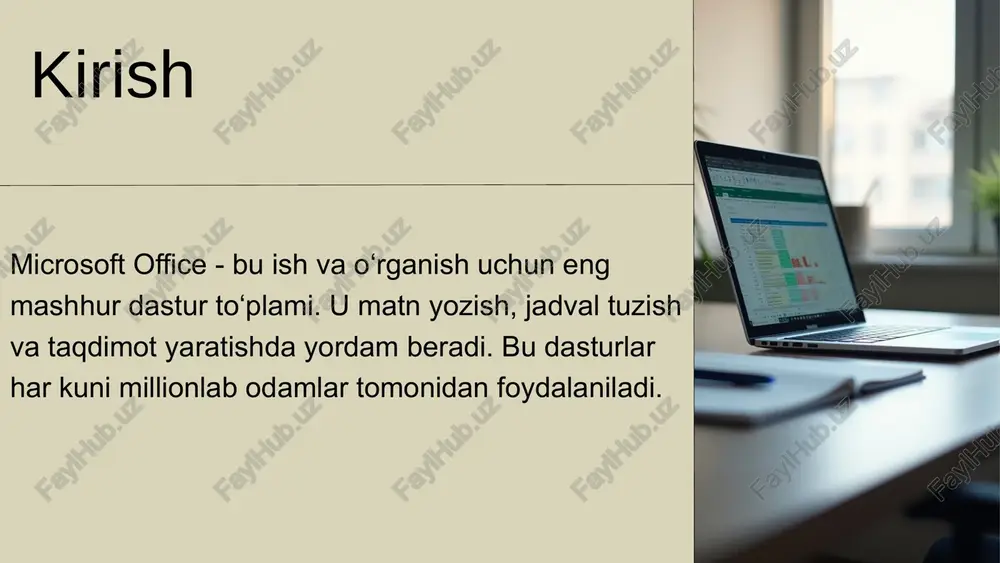 rli tarzda tushuntirish uchun juda mos. kutingan auditoriyani jalb qilish va prezentatsiyalarni samarali o‘tkazish uchun ideal dastur. xulosa microsoft office — ishni yengillashtiradigan, samarali va qulay dasturlar to‘plami. har bir dastur o‘z vazifasiga mos, ularni birgalikda ishlatish sizning ish samaradorligingizni oshiradi. o‘rganishga qiynalmang, birinchi qadamni qo‘ying va o‘zingiz uchun yangi imkoniyatlarni oching! foydalanilgan adabiyotlar karimov a. axborot texnologiyalari va ofis dasturlari asoslari. toshkent: “o‘qituvchi” nashriyoti, 2022. microsoft corporation. microsoft office rasmiy qo‘llanmasi — https://support.microsoft.com image1.png image2.svg image3.png image4.png image5.png /docprops/thumbnail.jpeg