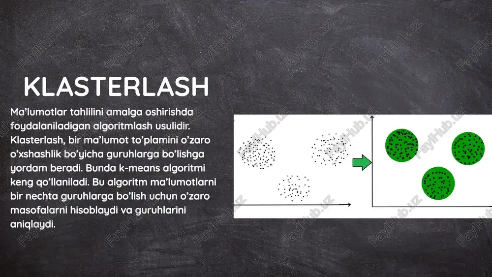 hakllarni aniqlash usullari tasvirni turli ob'ektlarga mos keladigan turli shakllarga ega bo'lgan hududlarga bo'lish uchun ishlatilishi mumkin. 3. teksturaga asoslangan segmentatsiya: teksturani tahlil qilish usullari tasvirni turli ob'ektlarga mos keladigan turli teksturali hududlarga bo'lish uchun ishlatilishi mumkin. 4. chuqurlikka asoslangan segmentatsiya: agar chuqurlik haqida ma'lumot mavjud bo'lsa, u tasvirni turli ob'ektlarga mos keladigan turli masofalarga ega bo'lgan hududlarga bo'lish uchun ishlatilishi mumkin. python kutubxonalari: opencv, tensorflow, pytorch foydalanamiz. piksellarni guruhlash rasm asosan berilgan piksellar to'plamidir. tasvirni segmentatsiyalashda o'xshash atributlarga ega piksellar birgalikda guruhlanadi. tasvirni segmentatsiyalash tasvirdagi ob'ektlar uchun pikselli niqob yaratadi, bu bizga ob'ektni yanada kengroq va batafsil tushunish imkonini beradi. k-means klasterlash boshlang‘ich k ta markazni tasodifiy ravishda tanlab olish. har bir nuqtani eng yaqin markazga bog‘lash. har bir klasterning yangi markazini hisoblash (o‘rtacha). 2-3 qadamlarni markazlar o‘zgarmaguncha takrorlash. k-means algoritmi - bu klasterlash usullaridan biri bo‘lib, ma’lumotlarni k ta klasterga ajratishga yordam beradi. bu usul quyidagi qadamlardan iborat: …