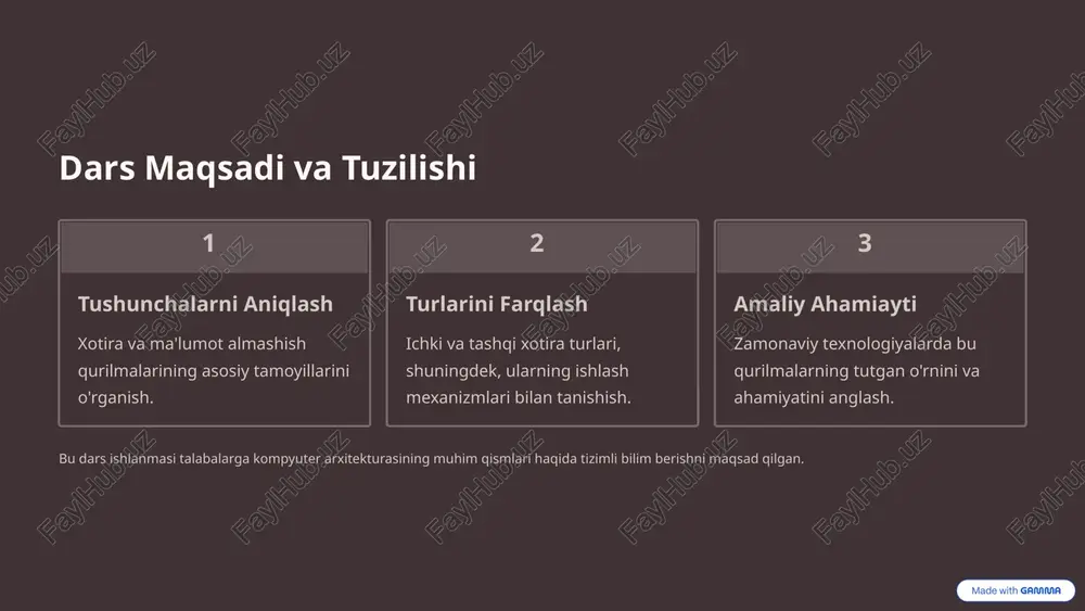 ikni sezilarli darajada oshiradi. 5 ma'lumot almashish qurilmalari ma'lumotlarni bir kompyuterdan boshqasiga yoki tashqi qurilmaga ko'chirish uchun ishlatiladigan vositalar. usb flash disk kichik, ko'chma va qayta yoziladigan xotira. ma'lumotlarni osongina tashish imkonini beradi. tarmoq va bulut xotirasi internet orqali uzoq serverlarda ma'lumot saqlash va almashish. (google drive, dropbox). optik disklar cd/dvd/blu-ray disklari. doimiy saqlash va tarqatish uchun ishlatiladi, ammo hozirda kamroq qo'llanilmoqda. 6 qurilmalarning asosiy taqqoslash ko'rsatkichlari tezlik eng yuqori yuqori o'rtacha hajm kichik (gb) katta (tb) o'rtacha (gb - tb) narx qimmat o'rtacha / qimmat arzon turg'unlik o'zgaruvchan (vaqtinchalik) o'zgarmas (doimiy) o'zgarmas (doimiy) 7 xotira tanlashda muhim omillar ishlash samaradorligi va byudjetni optimallashtirish uchun xotira qurilmasini to'g'ri tanlash zarur. tezlik (speed) dasturlarni ochish va ma'lumotlarni uzatish tezligiga ta'sir qiladi (masalan, ssd vs hdd). hajm (capacity) qancha ma'lumot saqlanishini belgilaydi. foydalanish maqsadiga (o'yinlar, ofis ishlari) bog'liq. narx (cost) xotira hajm birligiga to'g'ri keladigan narx. (tezkor xotira - eng qimmat). chidamlilik …