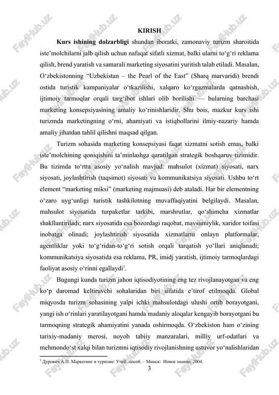 moqlardagi faoliyat asosiy o‘rinni egallaydi[footnoteref:1]. [1: durovich a.p. marketing v turizme: ucheb. posob. – minsk: novoe znanie, 2004.] bugungi kunda turizm jahon iqtisodiyotining eng tez rivojlanayotgan va eng ko‘p daromad keltiruvchi sohalaridan biri sifatida e’tirof etilmoqda. global miqyosda turizm sohasining yalpi ichki mahsulotdagi ulushi ortib borayotgani, yangi ish o‘rinlari yaratilayotgani hamda madaniy aloqalar kengayib borayotgani bu tarmoqning strategik ahamiyatini yanada oshirmoqda. o‘zbekiston ham o‘zining tarixiy-madaniy merosi, noyob tabiiy manzaralari, milliy urf-odatlari va mehmondo‘st xalqi bilan turizmni iqtisodiy rivojlanishning ustuvor yo‘nalishlaridan biri sifatida belgilagan. shu bilan birga, so‘nggi yillarda mamlakatimizda turizm infratuzilmasini rivojlantirish, xizmatlar sifatini oshirish, xorijiy sayyohlar oqimini ko‘paytirish hamda zamonaviy marketing mexanizmlarini joriy etish bo‘yicha keng ko‘lamli islohotlar amalga oshirilmoqda. ayniqsa, turizmda marketing konsepsiyasi bugungi kunda eng muhim boshqaruv vositalaridan biri sifatida qaralmoqda. marketing konsepsiyasi, aslida, bozor iqtisodiyoti sharoitida har qanday tashkilotning muvaffaqiyatli faoliyat yuritishini ta’minlovchi asosiy nazariy va amaliy yo‘nalishdir. u iste’molchi ehtiyojlarini chuqur o‘rganish, bozordagi talab va …
