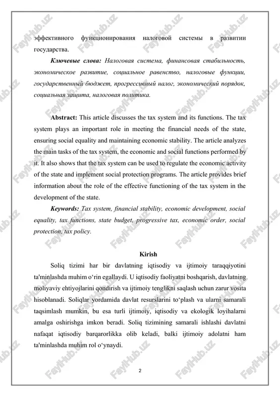 state, ensuring social equality and maintaining economic stability. the article analyzes the main tasks of the tax system, the economic and social functions performed by it. it also shows that the tax system can be used to regulate the economic activity of the state and implement social protection programs. the article provides brief information about the role of the effective functioning of the tax system in the development of the state. keywords: tax system, financial stability, economic development, social equality, tax functions, state budget, progressive tax, economic order, social protection, tax policy. kirish soliq tizimi har bir davlatning iqtisodiy va ijtimoiy taraqqiyotini ta'minlashda muhim o‘rin egallaydi. u iqtisodiy faoliyatni boshqarish, davlatning moliyaviy ehtiyojlarini qondirish va ijtimoiy tenglikni saqlash uchun zarur vosita hisoblanadi. soliqlar yordamida davlat resurslarini to‘plash va ularni samarali taqsimlash mumkin, bu esa turli ijtimoiy, iqtisodiy va ekologik loyihalarni amalga oshirishga imkon beradi. soliq tizimining samarali ishlashi davlatni nafaqat …