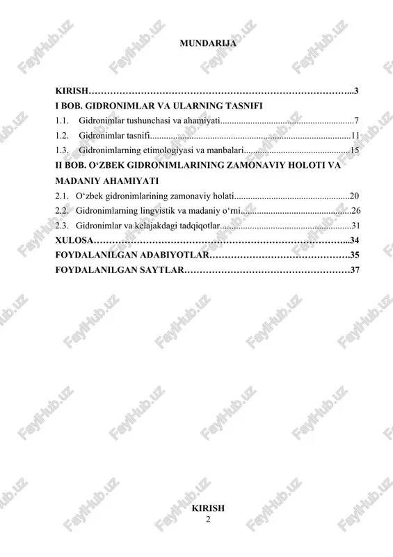 alqining o‘tmishdagi hayoti, urf-odatlari, qadriyatlari va tabiiy sharoitlari bilan chambarchas bog‘liqdir. suv manbalarining nomlari ko‘pincha bir necha asrlar davomida shakllanib, xalqning tarixiy va madaniy merosini saqlab qolgan o‘ziga xos belgilar sifatida xizmat qiladi.[footnoteref:1] [1: "o‘zbek tilining davlat tili sifatidagi mavqeini yanada mustahkamlashga doir chora-tadbirlar to‘g‘risida"gi pq-4429-sonli qaror. sanasi: 2020 yil 20-oktabr ] bu kurs ishining maqsadi, o‘zbek gidronimlarining etimologiyasini, ularning shakllanish jarayonini va lingvistik ahamiyatini o‘rganishdir. tadqiqot davomida o‘zbek gidronimlarining manbalari, geografik va madaniy ta'sirlari, shuningdek, zamonaviy davrdagi o‘zgarishlar va rivojlanish tendensiyalari tahlil qilinadi. bunday tahlilning maqsadi, gidronimlarning o‘zbek xalqining madaniy va tilshunoslik merosidagi ahamiyatini ko‘rsatish, shuningdek, ularning saqlanishi va rivojlanishini ta'minlashga yordam berishdir. shu bilan birga, gidronimlar xalqning og‘zaki ijodida, shu jumladan, maqollar, afsonalar va she'rlarda katta rol o‘ynaydi. ularning tahlili xalqning dunyoqarashini, tabiiy muhit bilan aloqasini va tarixiy rivojlanishini yanada chuqurroq tushunishga imkon beradi. kurs ishining asosiy vazifasi gidronimlarning shakllanishi, tasnifi, etimologiyasi, shuningdek, ularning o‘zbek tilidagi o‘rni va …