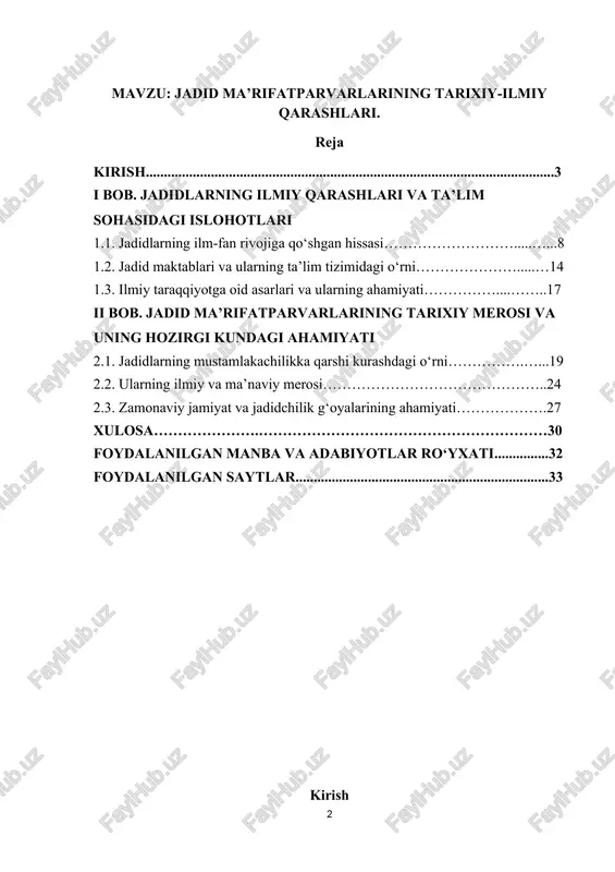 osiyo xalqlarining madaniy-ma’rifiy yuksalishida muhim o‘rin tutdi. o‘zbekiston respublikasi mustaqillikka erishgach, milliy madaniyat, ilm-fan va ta’lim sohalarining rivojlanishida tub islohotlar amalga oshirildi. ayniqsa, tarixiy shaxslar, milliy ma’rifatparvarlar va ularning merosini chuqur o‘rganish hamda targ‘ib qilish davlat siyosatining ustuvor yo‘nalishlaridan biriga aylandi. xususan, jadidchilik harakati va uning namoyandalari faoliyatini o‘rganish, ularning ilmiy-ma’rifiy qarashlarini keng targ‘ib qilish masalasiga davlat tomonidan alohida e’tibor qaratilmoqda. bu borada o‘zbekiston respublikasi prezidenti shavkat mirziyoyevning quyidagi qaror va farmonlari muhim ahamiyat kasb etadi: 🔹 “ma’rifatparvar jadidlarning boy merosini o‘rganish va targ‘ib qilish chora-tadbirlari to‘g‘risida” 2022-yil 21-dekabrda qabul qilingan qarori – ushbu qarorda jadidlar merosini chuqur o‘rganish, ularning ilmiy va badiiy asarlarini xalqimizga yetkazish, zamonaviy ta’lim tizimiga integratsiya qilish masalalariga urg‘u berilgan.[footnoteref:1] [1: mirziyoyev sh.m. yangi o‘zbekiston – taraqqiyot, innovatsiya va istiqbol sari. – toshkent: o‘zbekiston, 2021. ] 🔹 “o‘zbekiston respublikasida ma’naviyat va ma’rifat sohasini yanada rivojlantirish chora-tadbirlari to‘g‘risida” 2017-yil 28-iyuldagi pq-3160-sonli qarori – bu qaror doirasida milliy …