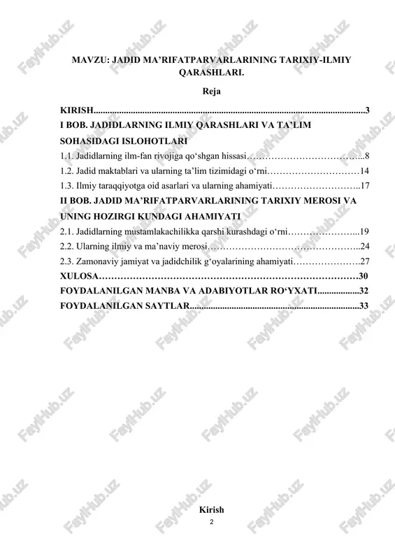 aziy osiyo xalqlarining madaniy-ma’rifiy yuksalishida muhim o‘rin tutdi. o‘zbekiston respublikasi mustaqillikka erishgach, milliy madaniyat, ilm-fan va ta’lim sohalarining rivojlanishida tub islohotlar amalga oshirildi. ayniqsa, tarixiy shaxslar, milliy ma’rifatparvarlar va ularning merosini chuqur o‘rganish hamda targ‘ib qilish davlat siyosatining ustuvor yo‘nalishlaridan biriga aylandi. xususan, jadidchilik harakati va uning namoyandalari faoliyatini o‘rganish, ularning ilmiy-ma’rifiy qarashlarini keng targ‘ib qilish masalasiga davlat tomonidan alohida e’tibor qaratilmoqda. bu borada o‘zbekiston respublikasi prezidenti shavkat mirziyoyevning quyidagi qaror va farmonlari muhim ahamiyat kasb etadi: 🔹 “ma’rifatparvar jadidlarning boy merosini o‘rganish va targ‘ib qilish chora-tadbirlari to‘g‘risida” 2022-yil 21-dekabrda qabul qilingan qarori – ushbu qarorda jadidlar merosini chuqur o‘rganish, ularning ilmiy va badiiy asarlarini xalqimizga yetkazish, zamonaviy ta’lim tizimiga integratsiya qilish masalalariga urg‘u berilgan.[footnoteref:1] [1: mirziyoyev sh.m. yangi o‘zbekiston – taraqqiyot, innovatsiya va istiqbol sari. – toshkent: o‘zbekiston, 2021. ] 🔹 “o‘zbekiston respublikasida ma’naviyat va ma’rifat sohasini yanada rivojlantirish chora-tadbirlari to‘g‘risida” 2017-yil 28-iyuldagi pq-3160-sonli qarori – bu qaror doirasida …