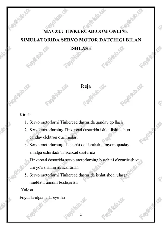 ash, ularga elektron komandalarni boshqarish va ularga boshqa komponentlar bilan bog'lash ham mumkin. servo motorlarni tinkercad dasturida ishlatishni o'rganish uchun quyidagi yo'llardan foydalanishingiz mumkin: · dasturlash va modellash: tinkercad.com platformasida servo motorlarni qurilmani modellovchilar va dasturchilar uchun muhit yaratish mumkin. bu orqali, elektronik devicelarini tushunish, ularga komanda berishni o'rganishingiz mumkin. · o'zlashtirilgan qo'llanmalar va darsliklar: tinkercad.com'da mavjud bo'lgan o'zlashtirilgan qo'llanmalar va darsliklar yordamida servo motorlarni ishlatishni o'rganishingiz mumkin. bu darsliklar o'quvchilarga va yangi o'rganuvchilarga yordam berish uchun yaratilgan. · jamiyatning tinkercad fo'rumlari: tinkercad jamiyati forumlarda o'z fikrlaringizni, savollaringizni o'rsatish va boshqa foydalanuvchilar bilan tajribalar almashingiz mumkin. bu forumlar mavjud muammolar yoki savollarga javob topish uchun yaxshi manba bo'lib, o'rganish jarayonida yordam berishi mumkin. · taqiqot va mustaqil o'rganish: servo motorlar va ularning elektronika asoslarini tushunish uchun taqiqot qilish, maqola va video darsliklarni ko'rish, internetdagi resurslardan foydalanish mumkin. servo motorlar tinkercad.com platformasida ishlash haqida batafsil bilim olish uchun, yuqorida keltirilgan yo'llardan …