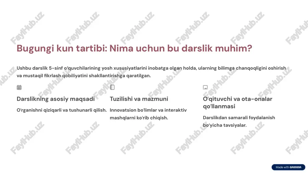qotlar: oʻquvchilar real hayotdagi muammolarga oid ma’lumotlarni toʻplaydi. guruh loyihalari: hamkorlikda ishlash, rollarni taqsimlash va umumiy natijaga erishish. "bilimlar laboratoriyasi": oʻrganganlarni tajriba orqali tekshirish va xulosalar chiqarish. interaktiv yondashuv oʻquvchining motivatsiyasini sezilarli darajada oshiradi va materialni yaxshiroq eslab qolishga yordam beradi. 5 vizualizatsiya va ranglar: oʻquvchining diqqatini jalb qilish 5-sinf oʻquvchilari uchun vizual ma’lumotni idrok etish juda muhim. yangi darslik yorqin ranglar palitrasi va professional infografikadan foydalanadi. yorqin ranglar palitrasi diqqatni asosiy fikrlarga qaratish uchun toʻq sariq, pushti va boshqa yoqimli ranglar (masalan, qizil-pushti) faol qoʻllanilgan. tushunarli infografika murakkab jarayonlar va tushunchalar sodda diagrammalar va chizmalar orqali ifodalangan. jozibali rasmlar har bir mavzu yoshga mos, oʻquvchining tasavvurini boyituvchi sifatli illyustratsiyalar bilan toʻldirilgan. 6 oʻqituvchilar uchun qoʻllanma: darslikdan samarali foydalanish boʻyicha tavsiyalar darslik bilan birga, oʻqituvchilar uchun maxsus metodik qoʻllanma taqdim etiladi. unda har bir darsning maqsadlari, oʻqitish metodlari va qoʻshimcha materiallar berilgan. dars rejalashtirish darslik materialini 45 daqiqali darsga qanday …