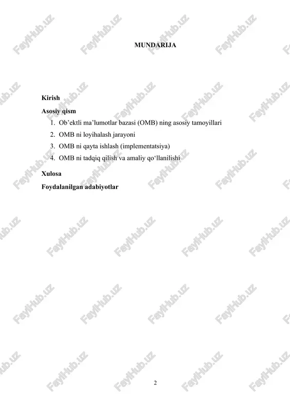 ndir. ayniqsa, grafik interfeyslar, ilmiy hisob-kitoblar, simulyatsiyalar, mashinaviy o‘rganish va sun’iy intellekt tizimlarida omb texnologiyasidan foydalanish sezilarli darajada ortib bormoqda. so‘nggi yillardagi ilmiy tadqiqotlar, omb ning istiqbollari va amaliy qo‘llanish doiralari ham ko‘rib chiqiladi. maqsad — ushbu texnologiyaning zamonaviy axborot tizimlaridagi o‘rni va ahamiyatini chuqurroq o‘rganish va yoritishdan iborat. 1. ob’ektli ma’lumotlar bazasi (omb) ning asosiy tamoyillari ob’ektli ma’lumotlar bazasi (omb) — bu ob’ektga yo‘naltirilgan dasturlash paradigmasi asosida ishlab chiqilgan, ma’lumotlarni ob’ektlar ko‘rinishida saqlash va boshqarishga mo‘ljallangan ma’lumotlar bazasi turidir. omb relatsion ma’lumotlar bazalarining strukturalashgan va qat’iy sxemaga ega modelini dasturlashdagi ob’ektlar dunyosi bilan birlashtiradi. bunday integratsiya dasturiy tizimlarda real hayotdagi murakkab obyektlarni yanada tabiiyroq va aniqroq modellashtirish imkonini beradi. ob’ektli ma’lumotlar bazalarining asosiy tamoyillari quyidagilardan iborat: ob’ekt va sinf tushunchasi: ob’ekt – bu real dunyodagi biror narsa yoki hodisaning axborotdagi aksidir. har bir ob’ekt o‘zining atributlari (holati) va metodlari (xatti-harakati) ga ega bo‘ladi. obyektlar o‘xshash xususiyatlarga ega bo‘lsa, ular …