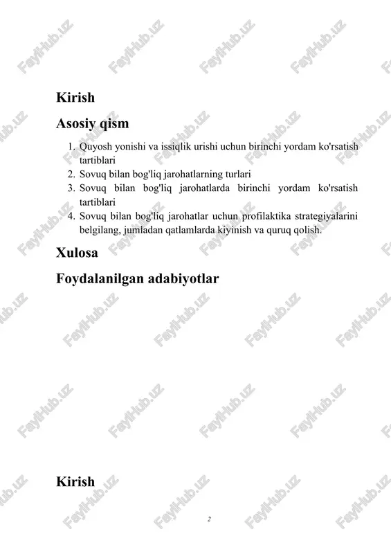 ko'rsatish uchun zarur bo'lgan bilim va ko'nikmalar bilan jihozlashni maqsad qilganmiz. quyosh yonishi va sovuq bilan bog'liq shikastlanishlar uchun sabablar, alomatlar va tegishli choralarni o'rganish orqali ishtirokchilar ushbu qiyinchiliklarga duch kelganda tez va samarali javob berish uchun ishonchga ega bo'ladilar. bizga qo'shiling, biz quyosh va sovuq dunyo bo'ylab sayohatga chiqamiz va muhtojlarni himoya qilish va yordam berish uchun vositalar bilan qurollanamiz. birgalikda biz ekstremal haroratning xavf-xatarlaridan himoya qilish va xavfsizlik va farovonlik madaniyatini yuksaltirishda o'zgarishlarni amalga oshirishimiz mumkin. 1. quyosh yonishi va issiqlik urishi uchun birinchi yordam ko'rsatish tartiblari quyosh yonishi va issiqlik urishi uchun birinchi yordam ko'rsatish choralari tezda yordam berish va keyingi asoratlarning oldini olish uchun juda muhimdir. quyida ushbu holatlar uchun birinchi yordamni qanday ko'rsatish bo'yicha batafsil ko'rsatma keltirilgan: quyosh yonishi: 1. soyaga o'tish: · agar kimdir quyoshda kuyib ketgan bo'lsa, boshqa zarar etkazmaslik uchun uni darhol quyosh nurlaridan uzoqroqqa olib boring. · soyali joyni toping yoki …