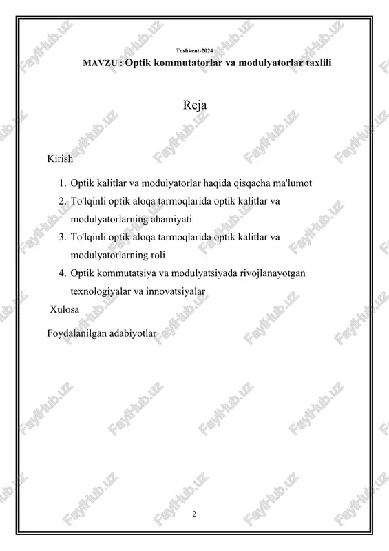 paydo bo'lishi bilan ushbu qurilmalar yanada ixcham, energiya tejamkor va qobiliyatli bo'lib, optik aloqa texnologiyasida imkoniyatlar va potentsialning yangi chegaralarini ochdi. biz optik kalitlar va modulyatorlar dunyosiga chuqur kirib boramiz, ularning ishlash tamoyillari, asosiy xususiyatlari, qurilish jihatlari, ishlash xususiyatlari va to'lqinli optik aloqa tarmoqlarida qo'llanilishini o'rganamiz. ushbu tadqiqot orqali biz ushbu asosiy komponentlarning nozik tomonlarini ochib berishni maqsad qilganmiz, ularning ahamiyati, funksionalligi va zamonaviy optik aloqa infratuzilmalarini loyihalash, joylashtirish va boshqarishga o'zgartiruvchi ta'sirini yoritib berish. 1. optik kalitlar va modulyatorlar haqida qisqacha ma'lumot optik kalitlar: optik kalitlar optik signallarni bir kirishdan bir yoki bir nechta chiqishga yo'naltirish uchun ishlatiladigan qurilmalardir. ular optik aloqa tarmoqlarida muhim komponentlar bo'lib, optik yo'llarni moslashuvchan va samarali boshqarish imkonini beradi. optik kalitlar ishlatiladigan texnologiyaga qarab, to'liq optik, elektro-optik va opto-mexanik kabi turli xil kommutatsiya rejimlarida ishlashi mumkin. optik kalitlarning turlari: mexanik optik kalitlar: bu kalitlar yorug'lik signalini qayta yo'naltirish uchun optik tolalarni jismoniy harakatga keltiradi. …