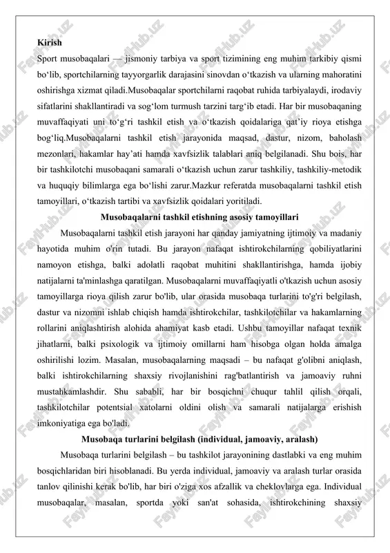 hdir. shu sababli, har bir bosqichni chuqur tahlil qilish orqali, tashkilotchilar potentsial xatolarni oldini olish va samarali natijalarga erishish imkoniyatiga ega bo'ladi. musobaqa turlarini belgilash (individual, jamoaviy, aralash) musobaqa turlarini belgilash – bu tashkilot jarayonining dastlabki va eng muhim bosqichlaridan biri hisoblanadi. bu yerda individual, jamoaviy va aralash turlar orasida tanlov qilinishi kerak bo'lib, har biri o'ziga xos afzallik va cheklovlarga ega. individual musobaqalar, masalan, sportda yoki san'at sohasida, ishtirokchining shaxsiy qobiliyatlarini sinashga qaratilgan bo'lib, bu yerda har bir shaxs mustaqil ravishda baholanadi. bunday turlarda motivatsiya yuqori darajada bo'ladi, chunki g'alaba to'g'ridan-to'g'ri shaxsiy muvaffaqiyat bilan bog'liq. ammo, bu turda psixologik bosim kuchayishi mumkin, chunki yolg'izlik hissi ishtirokchining samaradorligini pasaytirishi ehtimoli bor. masalan, shaxmat musobaqalarida individual format ko'pincha qo'llaniladi, bu yerda harakatlar faqat o'yinchining strategik fikrlashiga bog'liq. bunday holatda tashkilotchilar ishtirokchilarning yoshini, tajribasini va psixologik tayyorgarligini hisobga olishlari zarur, chunki yangi boshlovchilar uchun bu tur qo'rquv va xatolarga olib kelishi mumkin.jamoaviy …