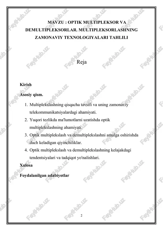 mat qiladi, bu esa yig'ilgan signaldan alohida ma'lumotlar oqimlarini ajratib olish va ajratish imkonini beradi. bu jarayon har bir maʼlumot oqimining moʻljallangan manziliga hech qanday xalaqitsiz yetib borishini taʼminlash va shu orqali uzatilayotgan axborotning yaxlitligi va ishonchliligini taʼminlash uchun juda muhimdir. biz optik multipleksorlar va demultiplekserlarga alohida e'tibor qaratgan holda multiplekslashning zamonaviy texnologiyalarini har tomonlama o'rganishga kirishamiz. ushbu texnologiyalarni chuqur tahlil qilish orqali biz ularning asosiy tamoyillarini ochib berishni, ularning funksiyalarini yoritishni va zamonaviy telekommunikatsiyalar kontekstidagi ahamiyatini baholashni maqsad qilganmiz. keyingi bo'limlarda biz optik multiplekslash va demultiplekslashning nozik tomonlarini ko'rib chiqamiz, ularning mexanizmlari, texnologiyalari, qo'llanilishi va oqibatlarini o'rganamiz. nachalo formi . nachalo formi 1. multiplekslashning qisqacha tavsifi va uning zamonaviy telekommunikatsiyalardagi ahamiyati. multiplekslash - bu aloqa kanallaridan maksimal darajada foydalanish va ma'lumotlarni uzatish samaradorligini oshirish uchun zamonaviy telekommunikatsiyalarda qo'llaniladigan asosiy usul. u bir nechta ma'lumotlar oqimini bitta signalga birlashtirishni o'z ichiga oladi, keyinchalik ular kabel yoki simsiz kanal kabi umumiy …