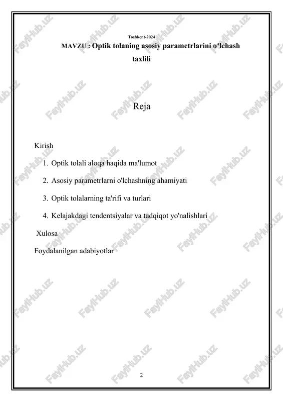 ashga yordam beradi. yuqori zaiflashuv darajalari signal sifatini pasaytirishi va uzatish masofasini cheklashi mumkin. · dispersiya: yorug'lik impulslarining tola bo'ylab o'tishida tarqalishiga olib keladigan dispersiyani tushunish signalning yaxlitligini saqlash va signal buzilishini minimallashtirish uchun juda muhimdir. dispersiya ma'lumotlarni uzatish tezligiga va aloqa tizimining umumiy ishlashiga ta'sir qilishi mumkin. · tarmoqli kengligi va ma'lumotlar tezligi: o'tkazish qobiliyati va ma'lumotlar tezligini o'lchash optik tolali aloqaning yuqori tezlikda ma'lumotlarni uzatish qobiliyatini aniqlashga yordam beradi. bu oqim, bulutli hisoblash va yuqori aniqlikdagi video konferentsiya kabi tarmoqli kengligi intensiv ilovalar va xizmatlarni qo'llab-quvvatlash uchun juda muhimdir. 1. asoslarni o'rganing: optik tolali texnologiya, uning tuzilishi va ishlashiga ta'sir qiluvchi optik xususiyatlar haqida umumiy ma'lumot bering. 2. asosiy parametrlarni tushuning: optik tolali ishlashga ta'sir qiluvchi asosiy parametrlarni, masalan, zaiflashuv, dispersiya, tarmoqli kengligi va ma'lumotlar tezligi va ularning optik aloqa tizimlaridagi ahamiyatini o'rganing. 3. o'lchov usullarini ko'rib chiqing: optik vaqt-domen reflektometriyasi (otdr), optik spektr analizatori (osa) va quvvat …