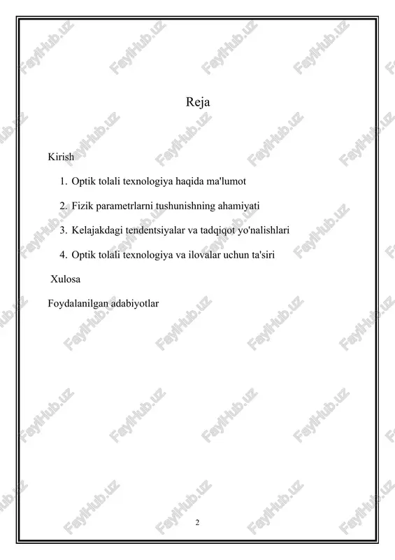 lash mezonlariga javob berishini va xizmat ko'rsatishning barqaror sifatini ta'minlab, sanoat standartlari va spetsifikatsiyalarga muvofiqligini ta'minlaydi. 3. muammolarni bartaraf etish va texnik xizmat ko'rsatish: to'g'ri o'lchovlar muammolarni tashxislashni osonlashtiradi, potentsial muammolarni hal qilish va ishlamay qolish vaqtini kamaytirish uchun o'z vaqtida muammolarni bartaraf etish va ta'mirlash choralarini ko'rish imkonini beradi. 4. kelajakni rejalashtirish: optik tolaning jismoniy parametrlarini bilish kelajakda tarmoqni kengaytirish, yangilash va texnologiya integratsiyasini rejalashtirishga yordam beradi, bu infratuzilma rivojlanayotgan talablar va paydo bo'ladigan ilovalarni qo'llab-quvvatlashini ta'minlaydi. optik tolaning asosiy fizik parametrlarini o'lchash texnikasi, metodologiyasi va ahamiyatini har tomonlama tahlil qilishdir. u quyidagilarga qaratilgan: · optik tolali texnologiya asosidagi asosiy tamoyillar va tushunchalarni o'rganing. · optik tolalarning xatti-harakati va ishlashini tavsiflovchi asosiy jismoniy parametrlarni muhokama qiling. · ushbu parametrlarni aniq aniqlash uchun ishlatiladigan turli o'lchash texnikasi va asboblarini ko'rib chiqing. · ushbu o'lchovlarning optik tolali aloqa tizimlarini loyihalash, ishlatish va texnik xizmat ko'rsatishga ta'sirini tahlil qiling. · o'lchov texnologiyalarini …