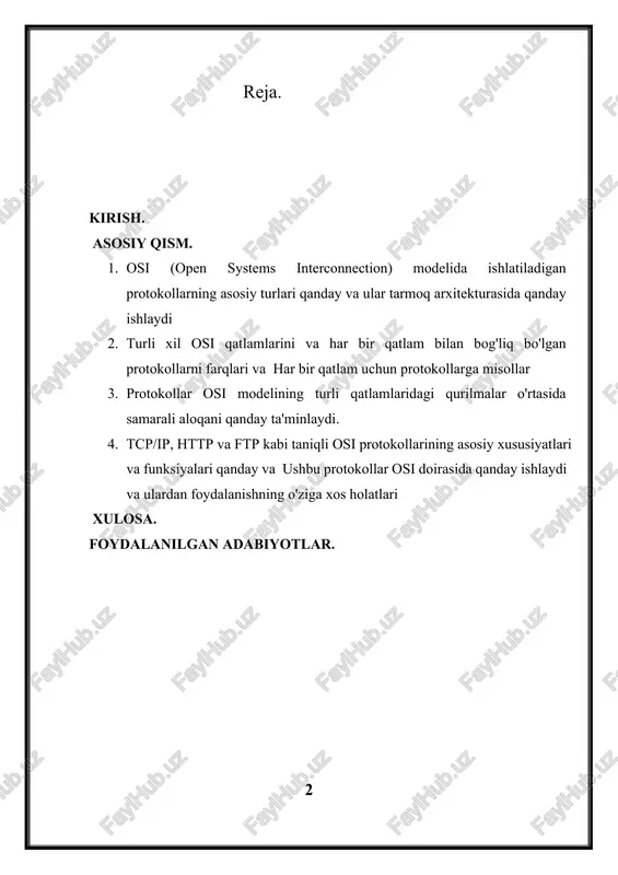 lam ma'lumotlarni uzatish va qabul qilish jarayonida duch keladigan muayyan muammolarni hal qilish uchun ehtiyotkorlik bilan ishlab chiqilgan o'ziga xos protokollar to'plamini taqdim etadi. ushbu dissertatsiya osi modelida joylashgan ko'p sonli protokollarni har tomonlama o'rganishga, ularning tasnifi, funktsiyalari va etti qatlam bo'ylab o'zaro ta'sirini o'rganishga kirishadi. puxta o'rganish orqali biz zamonaviy tarmoq infratuzilmasini qo'llab-quvvatlaydigan protokollarning murakkab gobelenini yoritishni, ularning evolyutsiyasi, maqsadi va real stsenariylardagi amaliy ta'sirini yoritishni maqsad qilganmiz. hamma joyda tarqalgan transmission control protocol (tcp) va internet protocol (ip) dan tortib to ixtisoslashtirilgan protokollargacha bo'lgan turli xil protokollarni ajratib ko'rsatish orqali ushbu tadqiqot osi modelining protokol landshaftini yaxlit tushunishga harakat qiladi. bundan tashqari, biz rivojlanayotgan texnologiyalar, rivojlanayotgan standartlar va o'zgaruvchan paradigmalarning osi doirasida tarmoq protokollarini ishlab chiqish va qabul qilishga ta'sirini tahlil qilishga intilamiz. osi protokollarining murakkabliklarini ochib, biz tarmoq muhandislari, tadqiqotchilari va ishqibozlariga tarmoqning doimiy o‘zgaruvchan manzarasida aniqlik va ishonch bilan harakat qilish imkoniyatini berishga harakat qilamiz. 1. …
