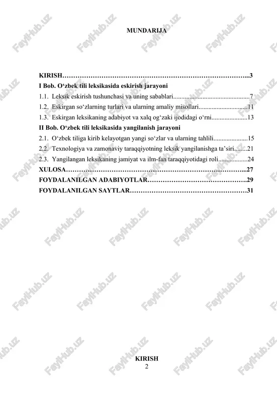 nidan qabul qilingan "o‘zbek tilining davlat tili sifatidagi nufuzi va mavqeini yanada oshirish chora-tadbirlari to‘g‘risida" 2019-yil 21-oktabrdagi pf-5850-sonli farmoni, shuningdek, "o‘zbek tilining rivojlanishiga doir ustuvor vazifalar" belgilangan qarorlar tilimizni asrash va rivojlantirish yo‘lida muhim ahamiyat kasb etmoqda. mazkur hujjatlarda davlat tilining ijtimoiy hayotdagi o‘rnini mustahkamlash, uning qo‘llanilish doirasini kengaytirish, o‘zbek tilining xalqaro maydondagi nufuzini oshirishga alohida e’tibor qaratilgan. shu bilan birga, tilning leksik tarkibida sodir bo‘layotgan eskirish va yangilanish jarayonlarini ilmiy jihatdan o‘rganish, uni davr talablariga mos holda rivojlantirish masalalari ham dolzarb ahamiyatga ega.[footnoteref:1] [1: o‘zbekiston respublikasi prezidentining “o‘zbek tilining xalqaro nufuzini oshirishga doir qo‘shimcha chora-tadbirlar to‘g‘risida”gi pq-5004-sonli qarori ] ushbu kurs ishi aynan o‘zbek tilining leksik tarkibida sodir bo‘layotgan o‘zgarishlarni tahlil qilishga qaratilgan bo‘lib, tilning tabiiy rivojlanish jarayonlarini ilmiy asosda tadqiq qilishga xizmat qiladi. ishning maqsadi – o‘zbek tilida eskirgan va yangi paydo bo‘lgan so‘zlarni o‘rganish, ularning shakllanish omillari va qo‘llanilish xususiyatlarini tahlil qilishdan iborat. o‘zbekiston respublikasi prezidentining mazkur …