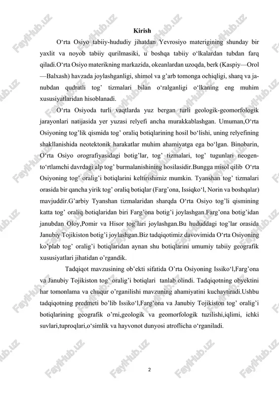 shi mavzuning ahamiyatini kuchaytiradi.ushbu tadqiqotning predmeti bo’lib issiko‘l,farg’ona va janubiy tojikiston tog’ oralig’i botiqlarining geografik o’rni,geologik va geomorfologik tuzilishi,iqlimi, ichki suvlari,tuproqlari,o‘simlik va hayvonot dunyosi atroflicha o‘rganiladi. tog’ oralig’i botiqlar yevrosiyo materigida kelib chiqishi va rivojlanishi burmalanish jarayonlari bilan uzviy bog’liq bo’lgan yirik tog’ oralig’i botiqlari tog’li o’lkalarda keng tarqalgan. ayniqsa bu tipdagi relyef shakllari paleozoy va kaynozoy burmalanish zonalarida ko’p uchraydi. materikning osiyo qismida yirik tog’ oralig’i botiqlari asosan kavkaz, o’rta osiyo,markaziy osiyo tog’li o’lkalarida keng tarqalgan. bu o’lkalardagi bo-tiqlarning yer yuzasini o’rtacha dengiz sathidan balandigi 300-600 m dan 3500-4200 m gacha yetadi. eng baland tog’ oralig’i botiqlari pomirda va baland osiyoda joylashgan. alp burmalanish zonasida vujudga kelgan o’rta osiyo tog’li o’lkasining katta maydoni farg’ona, zarafshon, g’arbiy tojikiston, oloy, issiqko’l, talas, chuv, ili, zaysan va boshqa yirik tog’ oralig’i botiqlari bilan band. 1-rasm.o‘rta osiyoning orografik tuzilishi sxemasi. issiqko‘l botig’i issikko‘l botig’i yirik tog’ botiqlaridan biri hisoblanadi. botiq shimoldan tyanshan tog’ …