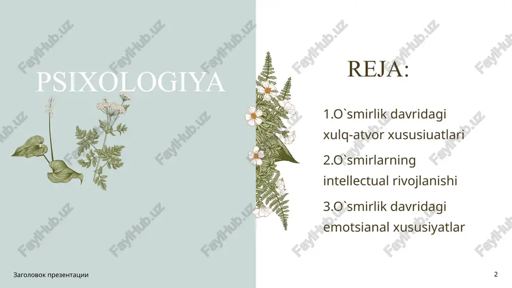 adi, mo‘ylov va soqol paydo bo‘ladi, qizlarda esa ko‘krak bezlari rivojlanadi va hokazo. natijada boshqa jinsga qiziqish ortadi, orzu, xohish, nozik tuyg‘u, sog'inch, iztirob kabi kechinmalar paydo bo‘ladi.. “ ” 6 o`smirlik davri 0 ‘smirlar jinsiy yetilish sirlarining 17 foizini ota-onadan, 9 foizini o*qituvchilardan, 4 foizini maktab vrachidan va qolgan yashirin jihatlari, holatlari to‘g‘risidagi m a’lumotlami ko‘cha-ko‘ydan, o'rtoqlari va dugonalaridan eshitib bilib oladilar. kutilmagan holatlar va ma’lumotlar ulaming xatti-harakatini chigallashtiradi, yakkalik olamiga berilish boshlanadi, fe’l-atvorda ayrim illatlar paydo bo‘ladl goho o‘smirlar orasida axloqan tubanlashuv hollari ro‘y berishi mumkin. ulami bunday qiliqlardan porok guruh va to‘dalardan xalos etish maqsadga muvofiqdir. ijtimoiy hayotda yar zagolovok prezentatsii 7 7 o`smirlik davri m amerikalik psixolog r.kulen o‘smirlik davri haqidagi biogenegik nazariyani qattiq tanqid qilib, o‘smirlik davri ijtimoiy-axloqiy kategoriyadir, degan g ‘oyani ilgari suradi. ammo noto‘g‘ri nuqtai nazardan o‘smirlikm biologik va psixologik kategoriyadan tashqari deb hisoblaydi. r.kulenning fikricha, o ‘sm irlik davrida uchta asosiy ijtimoiy-axloqiy …