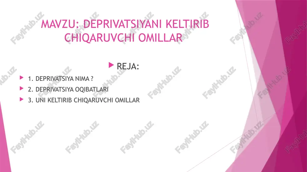 paydo bo’ladi . bu ruhiy tushkunlik , beqaror hissiy holat va asossiz qo’rquv bilan tavsiflanadi . deprivatsiyaning turi va oqibatlari 3. kognitiv mahrumlik ma’lumotlarning yetishmasligi yoki uning tasodifiyligi tufayli yuzaga keladi . bunday holda odam zerikishni boshlaydi va samarali harakat qilishni to’xtaydi . 4. ta’limdan mahrum bo’lish o’qituvchining bolaning salohiyatini ochib bera olmasligi tufayli yuzaga keladi. 5. ota-onaning sevgisi bo’lmasa , ota yoki onalikdan mahrum bo’lish harakterlidir . bu turdagi mahrumlik nafaqat yoshlartga balki yoshi kattalarga ham xosdir . 6.uyqusizlik tungi dam olish uchun ajratilgan vaqt yo’qligi tufayli yuzaga keladi . bunday holda , odam doimiy charchoq va uyquchanlikni boshdab kechiradi , shuningdek , juda chalg’itadi. sensor deprivatsiya sensor deprivatsiya (lotincha: sensus-tuygʻu va lotincha: deprivatio-yoʻqotish, mahrum qilish ) — markaziy asab tizimiga nerv impulslari oqimining pasayishiga olib keladigan bir yoki bir nechta sezgi organlar faoliyatini vaqtinchalik cheklash. sensor deprivatsiya yaʼni hissiy mahrumlik yopiq joyda (suv osti kemasida, kosmik kemada va …