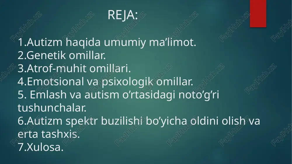 ar, ba'zi kimyoviy moddalar yoki noto‘g‘ri oziqlanish autizm xavfini oshirishi mumkin. autizm rivojlanishida psixologik va emotsional omillar ham muhim rol o‘ynashi mumkin. oiladagi yuqori darajadagi stress, ota-onaning bolaning ehtiyojlariga yetarlicha e’tibor qaratmasligi bolalar rivojlanishiga salbiy ta’sir ko‘rsatishi mumkin. erta yoshda psixologik travmalar yoki ijtimoiy aloqaning kamligi autizm belgilarini kuchaytirishi mumkin. ilmiy tadqiqotlar va shifokorlar emlash va autizm o‘rtasida bog‘liqlik yo‘qligini ko‘rsatgan. biroq, ba'zi odamlar emlash autizmga olib keladi degan noto‘g‘ri tushunchaga ega. bu noto‘g‘ri axborot keng tarqalgan va xavfli hisoblanadi, chunki u bolalar salomatligiga salbiy ta’sir ko‘rsatishi mumkin. shuning uchun ota-onalar farzandlarini emlatishda davom etishlari kerak va bu ularning sog‘lom rivojlanishi uchun muhimdir. autizmni oldini olishning aniq yo‘li hali kashf etilmagan, ammo erta tashxis va davolash juda muhim. erta tashxis orqali bolalarga ijtimoiy va kommunikatsion ko‘nikmalarni rivojlantirish bo‘yicha terapiyalar taqdim etilishi mumkin. terapiyalar va maxsus aralashuvlar autizmga ega bolalar rivojlanishini yaxshilashda yordam beradi. autizm spektr buzilishiga olib keluvchi omillar murakkab …