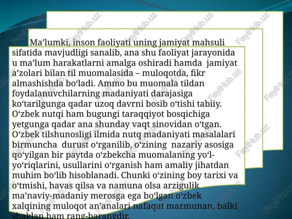 yoki suhbatdoshlarga mutlaqo bog‘liq bo‘lmagan holda buning aksi ro‘y berishi ham mumkin. muloqot - kishilar oʻrtasidagi faoliyat ehtiyojlaridan kelib chiqadigan bogʻlanishlar rivojlanishining koʻp qirrali jarayonidir. rivojlanib borayotgan jamiyatimizda sogʻlom avlodni, komil insonlarni voyaga yetkazish masalasiga katta e’tibor berilmoqda. komil insonning muhim sifatlaridan biri muloqot madaniyatidir. muloqot inson hayoti va faoliyatining muhim shartidir. aynan muloqot jarayonida insonlar tabiatni oʽzlashtirish va oʻz ehtiyojlarini qondirish uchun birgalikda harakat qilish imkoniyatlariga ega boʻladilar. hozirgi kunda ijtimoiy amaliyotda muloqot va shaxslararo munosabatlar muammosi muhim ahamiyat kasb etmoqda. muloqot va uning asosiy xususiyatlari, samarali muloqotning psixologik aspektlari, muloqotga oʻrgatishga oid psixologik mashqlar, samarali muloqotning psixologik vositalarini oʻrganish ishbilarmonlik faoliyatida asosiy oʻrinni egallamoqda. muloqot jarayoni muloqotning nazariy va amaliy jihatlarini chuqur oʻrganishga yordam beradi. verbal va noverbal muloqot. muloqot til vositasi bilan — verbal yoki tilning ishtirokisiz — noverbal amalga oshirilishi mumkin. verbal aloqa ogʻzaki aloqa va verbal asos haqida fikr bildirib, ogʻzaki dalil (asos)larni bildiradi. verbal …