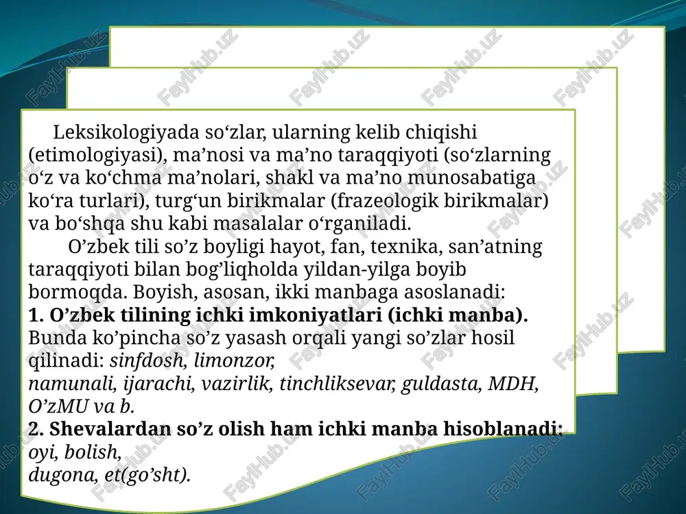 ti). 3) mo’g’ulcha: tuman, navkar, yasoq.. 4) uyg’urcha: manti, lag’mon, manpar. 5) xitoycha: choy (xitoy tilida tsay deyilar ekan). 6) ruscha: stol, stul, ruchka, samolyot, parovoz, paroxod, pulemyot, pero, cho’t (schyot). rus tilidan olingan so’zlar orasida asli kelib chiqishi boshqa tillarga xos so’zlar ham bor: buxgalter, soldat, tank, shtab (nemischa), palto, triko (fransuzcha), klub, futbol (inglizcha), tomat, limon (ispancha). boshqa tillardan o’tgan so’zlar olinma (o’zlashma) so’zlar deyiladi. o’zbek tilidan ham boshqa tillarga so’zlar o’tgan: o’rik, anjir, somsa, (ruscha: uryuk, injir, samsa). karandash (qora tosh), kavardak (qovurdoq), yeralash (aralash), utyug (o’ti yo’q) kabi so’zlarning ham rus tiliga o’zbek tilidan o’tganligi isbotlangan. hozirgi paytda o’zbek tilida ishlatilayotgan bekat so’zi ham yevropa tillarida piket tarzida qo’llanayotganligi fanga ma’lum.so’zlarning kelib chiqishini izohlaydigan lug’atlaretimologik lug’atlar deb ataladi. so’zlarning ishlatilish darajasigako’ra guruhlari bu jihatdan tilimizda so’zlarni ikkita guruhga bo’lish mumkin: 1.umumxalq ishlatadigan so’zlar kundalik turmushda hammaning nutqida tez-tez qo’llanadigan so’zlardir: non, suv, bugun, kim, besh, yaxshi, …