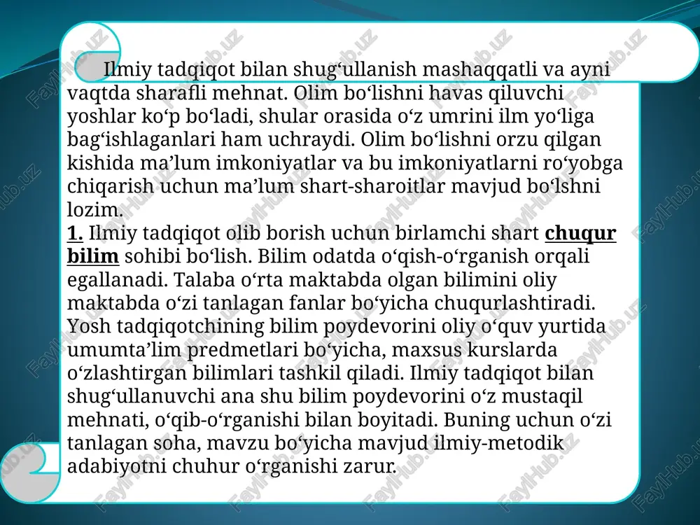 lanish uchun har kuni albatta maxsus vaqt sarflash kerak. agar ana shunday kun tartibiga muntazam amal qilib borilsa, qilingan mehnat samarali bo‘ladi. kirishning samaradorligi maqsadni va ma’lumotning qo‘llanilish ko‘lamini kitobxonga tushuntiradi. xulosa sarlavhada berilgan ixtiyoriy savolga javobni va asosiy punktlarning yakunini o‘zida aks ettirishi lozim. o‘qish faoliyatida, odatda, kirish ham, xulosa ham, asosiy qismdan so‘ng yoziladi. kirish va asosiy qism. kirish, odatda, vazifaning umumiy hajmining 10%ini tashkil qiladi. shu sababli, 2000 ta so‘zdan iborat esselarda kirish 200 ta so‘zdan iborat bo‘lishi lozim. kirishga aniq bir na’muna mavjud emas, chunki ko‘p narsa siz olib borayotgan va davom etayotgan ishning turiga bog‘liq. lekin quyidagilar uning umumiy xususiyati: -kerak bo‘lsa kalit so‘zlar ta’rifining berilishi. -kerak bo‘ladigan axborot. -bu mavzu haqidagi boshqa mualliflarning ishlaridan namuna. -ishning maqsad va vazifalari. -sizning tadqiqot uslubingiz. -siz tomoningizdan belgilanadigan biror-bir chegaralar. -ishingizning rejasi. -juda ham umumiy va noaniq kirish gaplarini qo‘llashning oldini olish muhim ahamiyat kasb etadi. xulosalash …