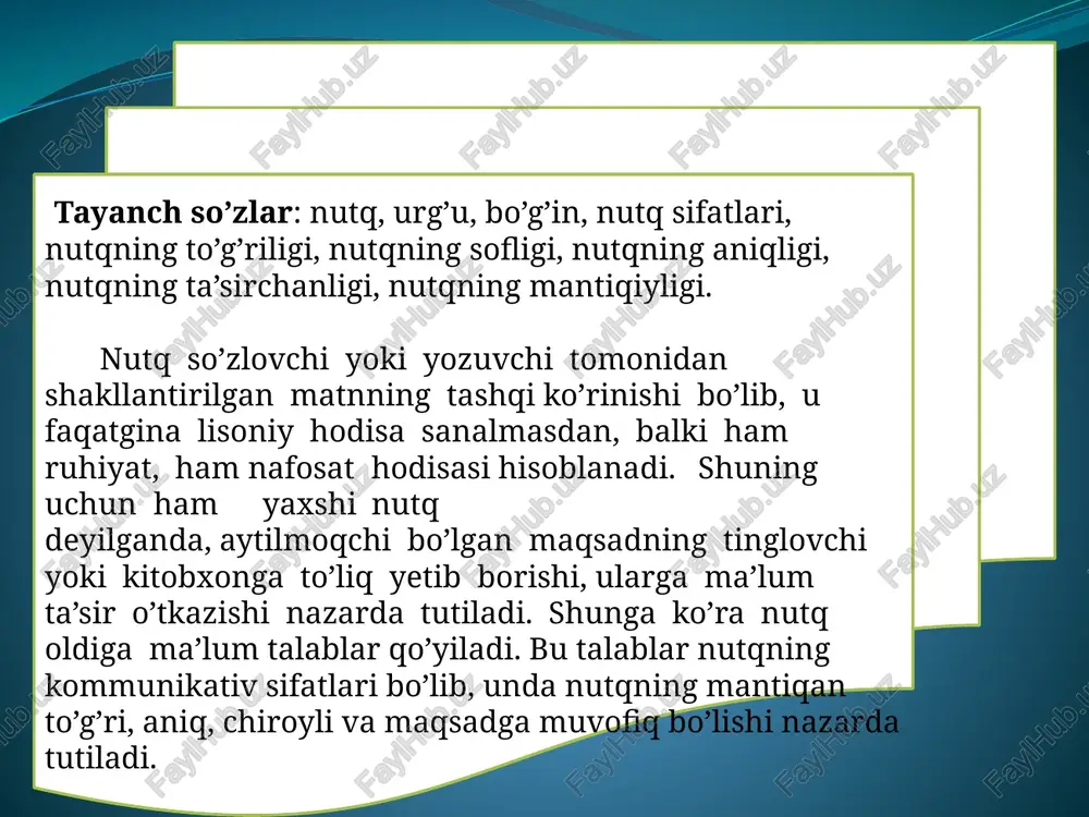shaysan...», deydi.2 yana «shunday kishini notiq (suxango’y) deymizki, uning har so’zi xalqqa tushunarli bo’lsin va xalqning har so’zi unga ham ma’lum bo’lsin». nutqning sofligi. nutqning sofligi deganda eng avvalo, uning adabiy tilning lisoniy normasiga muvofiq kelish - kelmasligi tushuniladi. darhaqiqat, yaxshi, sof nutq hozirgi o’zbek adabiy tili talablariga mos holda tuzilgan bo’lishi, turli til, g’ayriadabiy til elementlaridan holi bo’lishi kerak.2 nutqimizning sofligiga, asosan, quyidagilar halaqit beradi: 1.mahalliy dialekt va shevalarga xos so’z, ibora, shuningdek, grammatik shakllar, so’z va so’z birikmalarining talaffuzi, urg’usi. 2.o’rinsiz qo’llangan chet so’z va so’z birikmalari. 3.jargonlar. 4.vulgarizmlar. 1 qarang. r.qo’ng’urov va b o’sha asar 53-bet.. 5.nutqda ortiqcha takrorlanadigan «parazit» so’zlar. 6.kantselyarizmlar. nutqning mantiqiyligi. nutqning mantiqiyligi uning asosiy sifatlari bo’lgan to’g’rilik va aniqlik bilan chambarchas bog’langandir. chunki grammatik jihatdan to’g’ri tuzilmagan nutq ham, fikrni ifodalash uchun muvaffaqiyatsiz tanlangan lug’aviy birlik ham mantiqning buzilishiga olib kelishi tabiiydir. mantiqiy izchillikning buzilishi tinglovchi va o’quvchiga ifodalanayotgan fikrning to’liq etib bormasligiga, …