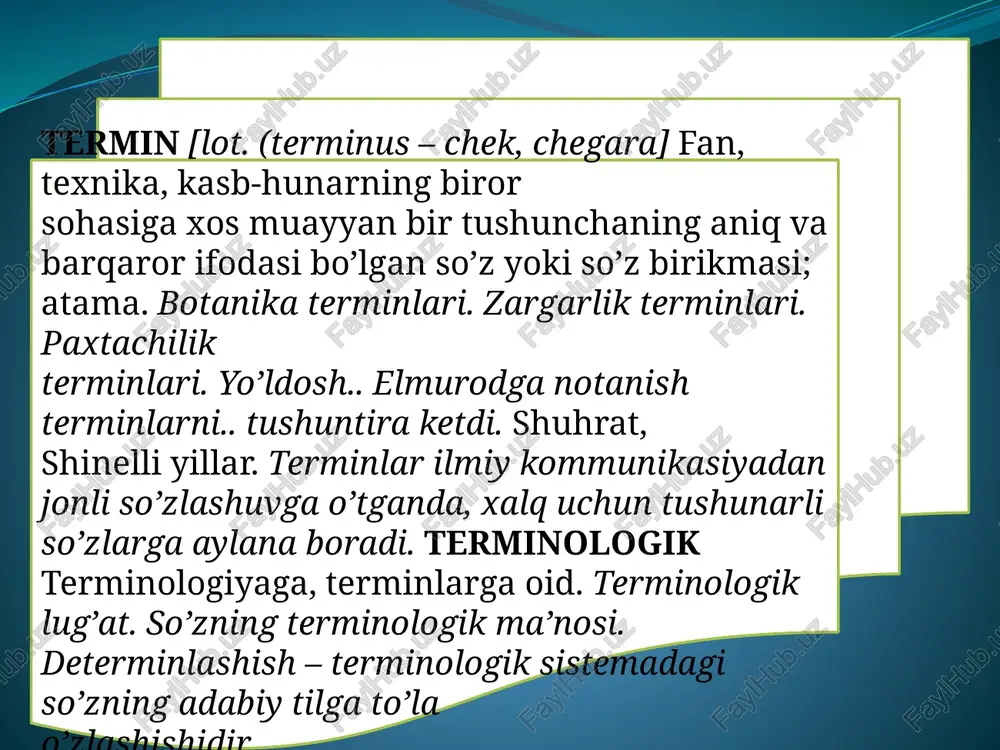 l i k (lo’ndalik, ixchamlik): terminning qisqa varianti – bu funksional nuqtai nazardan terminga teng shakl. uni erkin va ixtiyoriy shakl qo’llashning imkoni yo’q. 4. a n i q l i l i k: ilmiy tushuncha aniq chegaraga ega va bu chegara uning ta’rifida o’z ifodasini topadi. terminning aniqligi deganda uning ta’rifida berilgan tushunchaga xos barcha belgilarning mavjudligi tushuniladi. 5. l i s o n i y a s o s: o’z yoki o’zga til asosida yasalgan terminlardan birini tanlash lozim bo’lganda, albatta, o’z termindan foydalanish maqsadga muvofiq. chunki o’zlashma terminlarni ko’p va asossiz ravishda qo’llash muqarrar ravishda terminologiyaning umumxalq tilidan ajralib va nomutaxassislarga tushunarsiz bo’lib qolishiga olib keladi [qarang: volkova, 75]. 1. atama (termin) aniq, konkret tushunchani ifodalamog‘i kerak: o‘zak, ot, sifat, son, olmosh, fe'l kabi (tilshunoslik atamalari) 2. atama (termin)lar emotsional-ekspressivlikdan, uslubiy bo‘yoqdorlikdan xoli bo‘lishlari lozim: kislorod, vodorod, azot, simob, ishqor, kukun kabi. 3. termin nominativ (atash) vazifani …