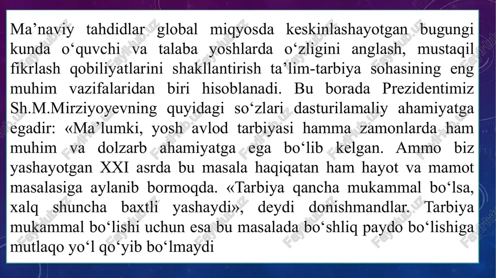 ahamiyat kasb etadi. ... t.me/slaydai_bot «mantiq» arabcha so’z bo’lib, ma’nosi bo’yicha «logika» so’ziga muvofiq keladi. «logika» atamasi esa, grekcha «logos» so’zidan kelib chiqqan bo’lib, «fikr», «so’z», «aql», «qonuniyat» kabi ma’nolarga ega. uning ko’pma’noligi turli xil narsalarni ifoda qilishida o’z aksini topadi. xususan, mantiq so’zi, birinchidan, obyektiv olam qonuniyatlarini (masalan, «obyektiv mantiq», «narsalar mantig’i» kabi iboralarda), ikkinchidan, tafakkurning mavjud bo’lish shakllari va taraqqiyotini, shu jumladan, fikrlar o’rtasidagi aloqadorlikni xarakterlaydigan qonun-qoidalar yig’indisini (masalan «subyektiv mantiq» iborasida), va nihoyat, uchinchidan, tafakkur shakllari va qonunlarini o’rganuvchi fanni ifoda etishda ishlatiladi. mantiq fani amaliy falsafa fan bo’lib, kishilarda to’g’ri fikr, tafakkur yuritish, ya’ni tafakkur madaniyatini shakllantirish uning asosiy vazifasi hisoblanadi. shuning uchun ham mazkur fan yunoncha "logika" (logos - fikr, tafakkur) va arabcha "mantiq" (aql, fikr) so’zlari bilan ataladi. tafakkur mantiq fanining predmeti, bahs mavzuidir. lekin u tafakkurni jarayon sifatida qanday paydo bo’ladi, rivojlanadi, degan masala doirasida o’rganmaydi. tafakkurning ushbu jihatlari falsafa (gnoseologiya), psixologiya, fiziologiya …